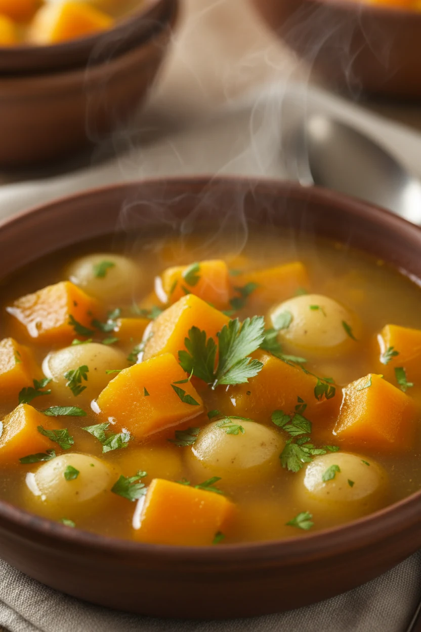 Close-up of tender cubes of butternut squash and potatoes immersed in golden broth, flecked with fresh parsley, steam ri