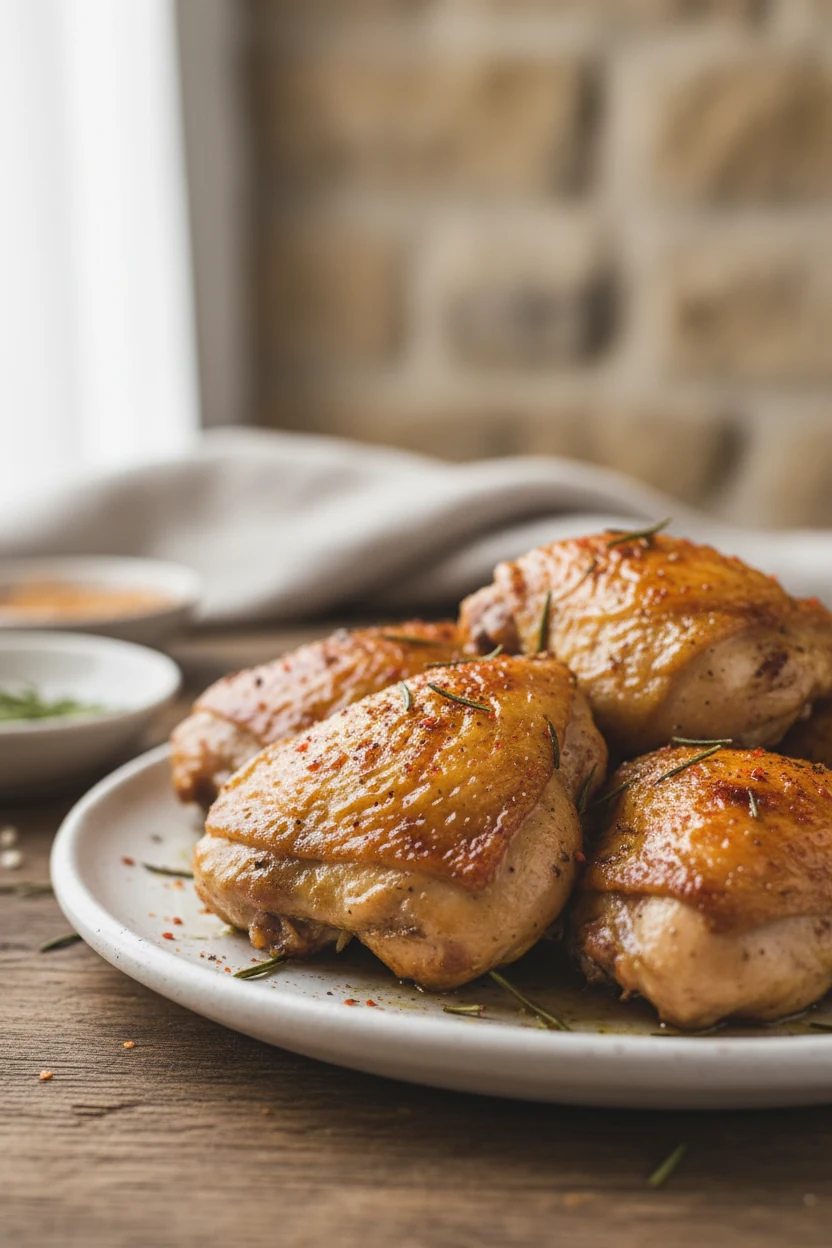 Close-up of golden-brown roasted chicken thighs with crispy skin glistening from olive oil, flecks of paprika and rosema