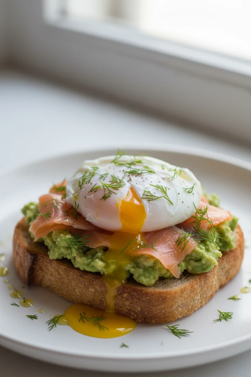 Close-up of a perfectly poached egg resting atop smoked salmon and mashed avocado on golden toasted sourdough, yolk glis