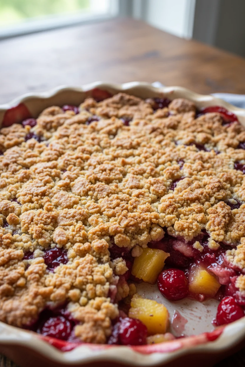 Close-up detail of a freshly baked cherry and pineapple dump cake, golden brown buttery crumble on top with bubbling fru