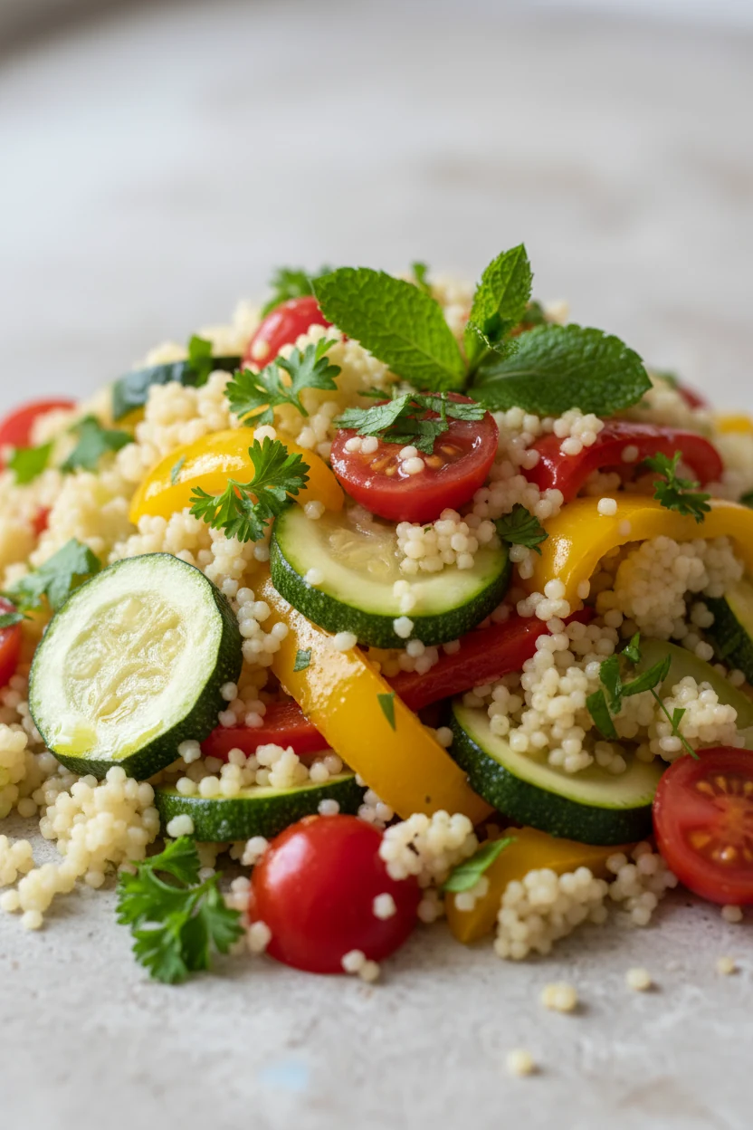 Close-up of fluffy, perfectly cooked couscous grains mixed with sautéed zucchini, cherry tomatoes, and bell peppers, gar