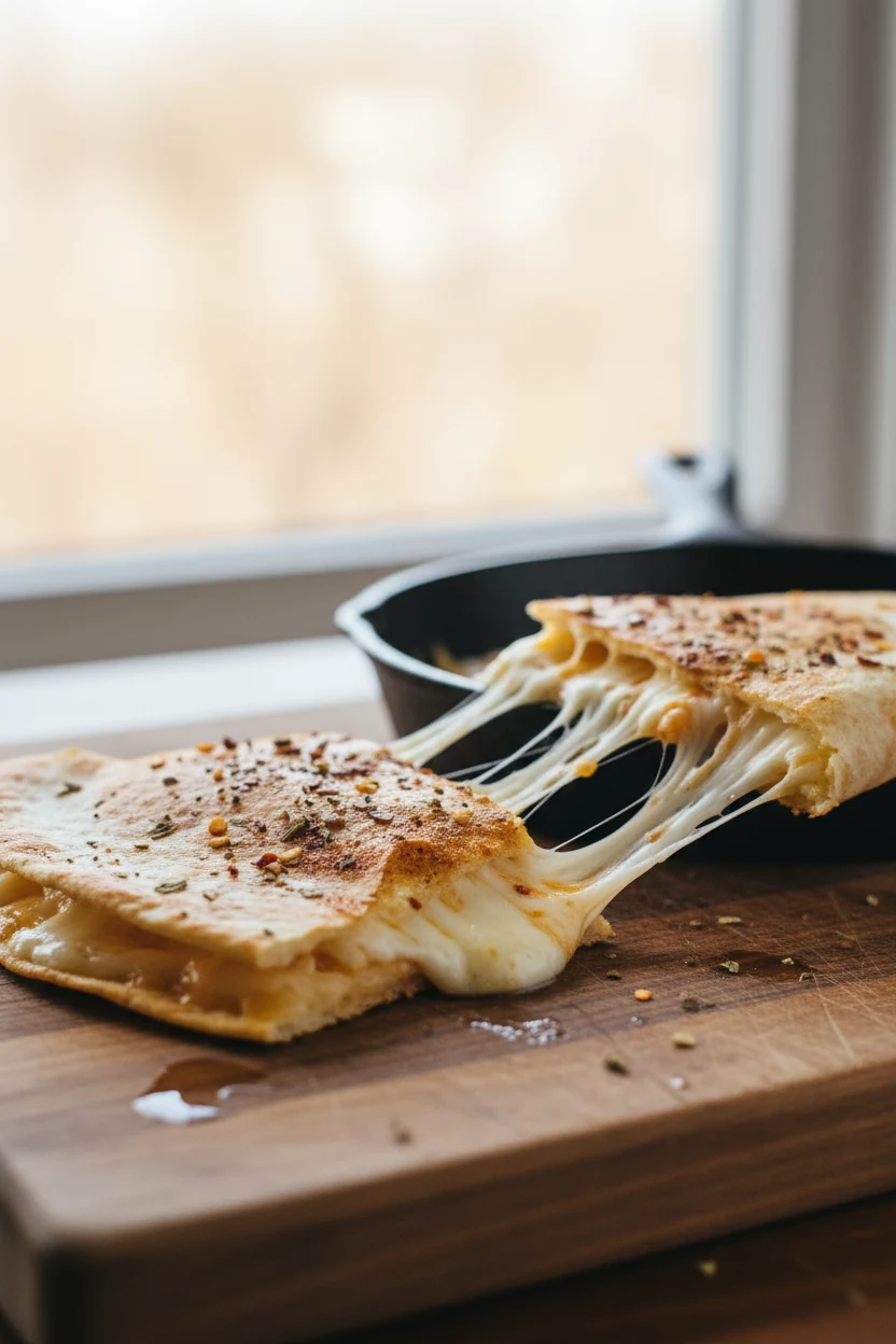 Close-up of a golden-brown quesadilla wedge fresh from the skillet, crisp edge glistening with melted butter, cheese str