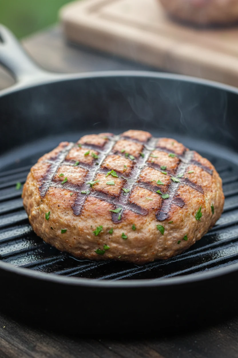 Close-up of a freshly grilled turkey burger patty sizzling in a cast iron skillet, showing golden-brown sear lines, glis