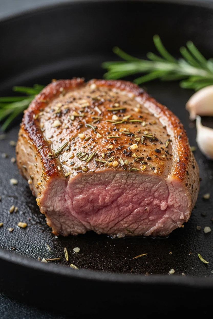 Close-up detail of perfectly seared lamb chop with a golden-brown crust and visible rosemary and garlic flecks, shallow