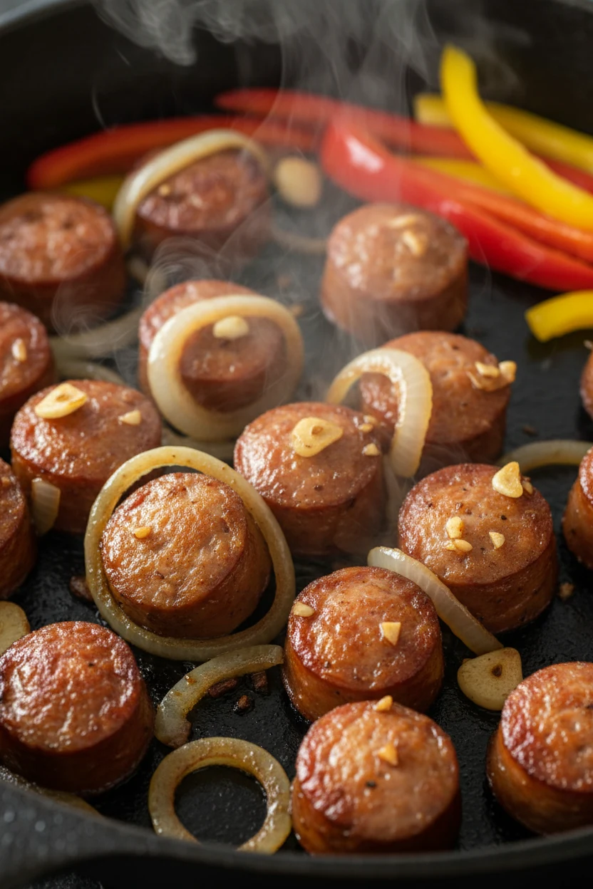 1. Close-up of golden-browned smoked sausage rounds sizzling in a cast iron skillet with glistening caramelized onion sl