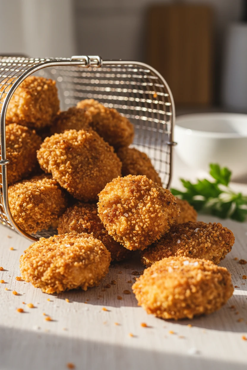 1. Close-up of golden-brown, panko-crusted chicken bites fresh out of the airfryer basket, crisp textured coating gliste