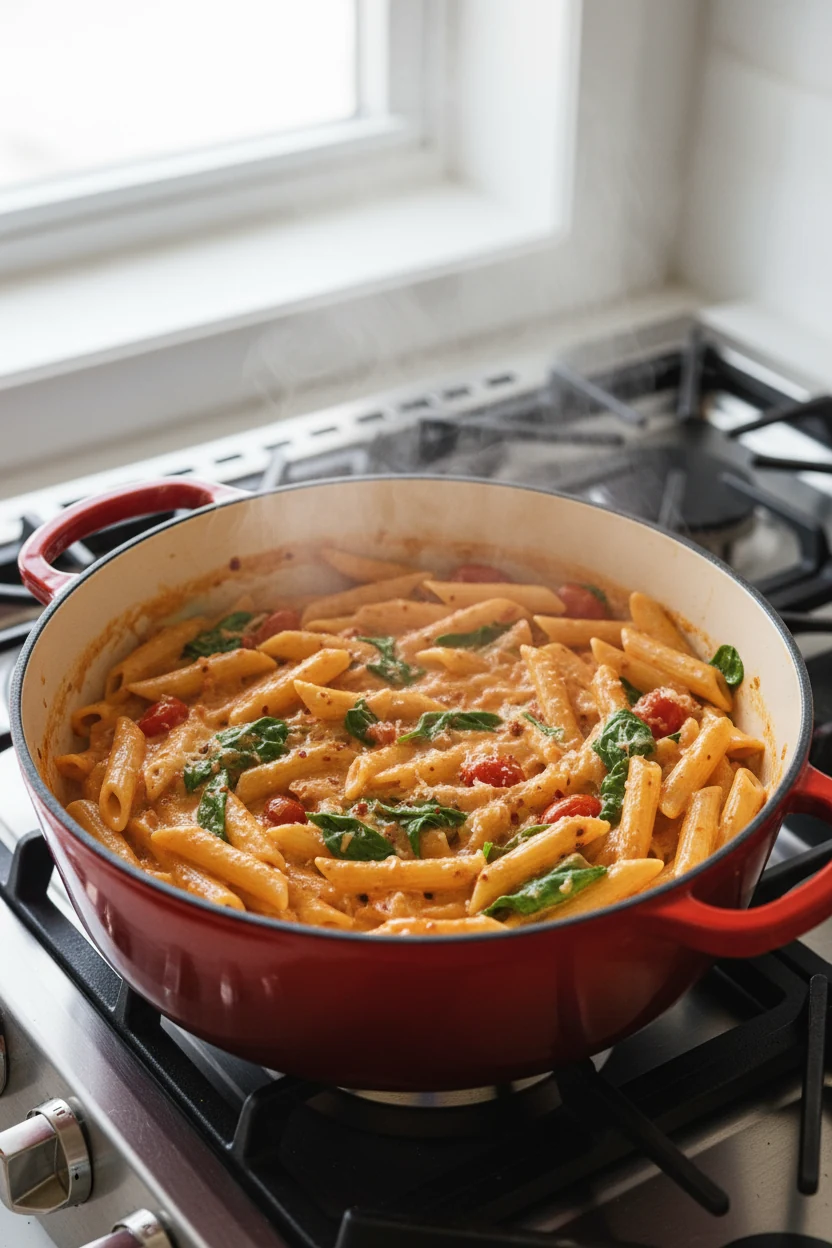 One-pot creamy tomato garlic pasta at a lively simmer in a wide enameled Dutch oven, pasta just shy of al dente in a sil