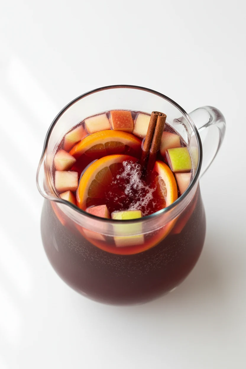 Cooking process: Overhead of chilled Classic Spanish Red sangria in a clear pitcher after infusion—ruby wine with orange