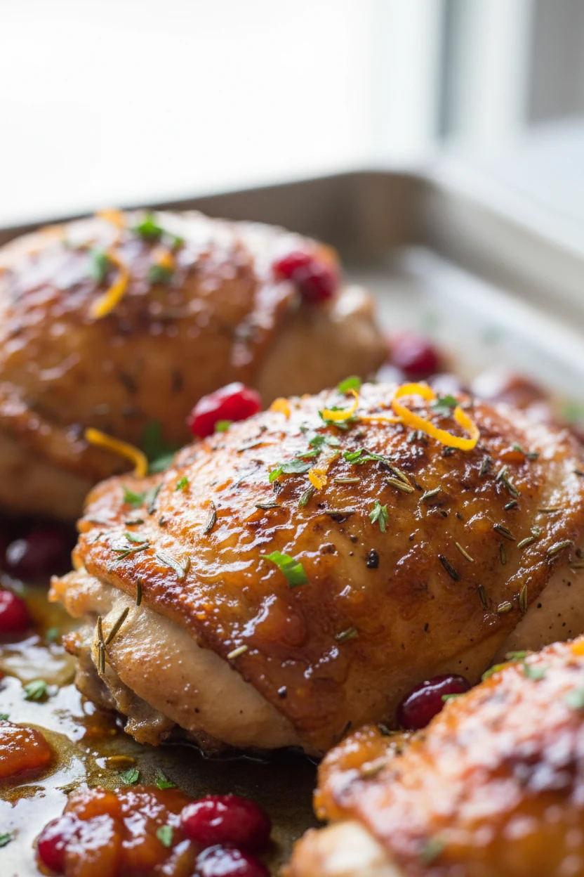 1. Close-up of crackly, deep-golden rosemary-thyme chicken thigh skin, glossy cranberry-orange pan sauce beading on the 
