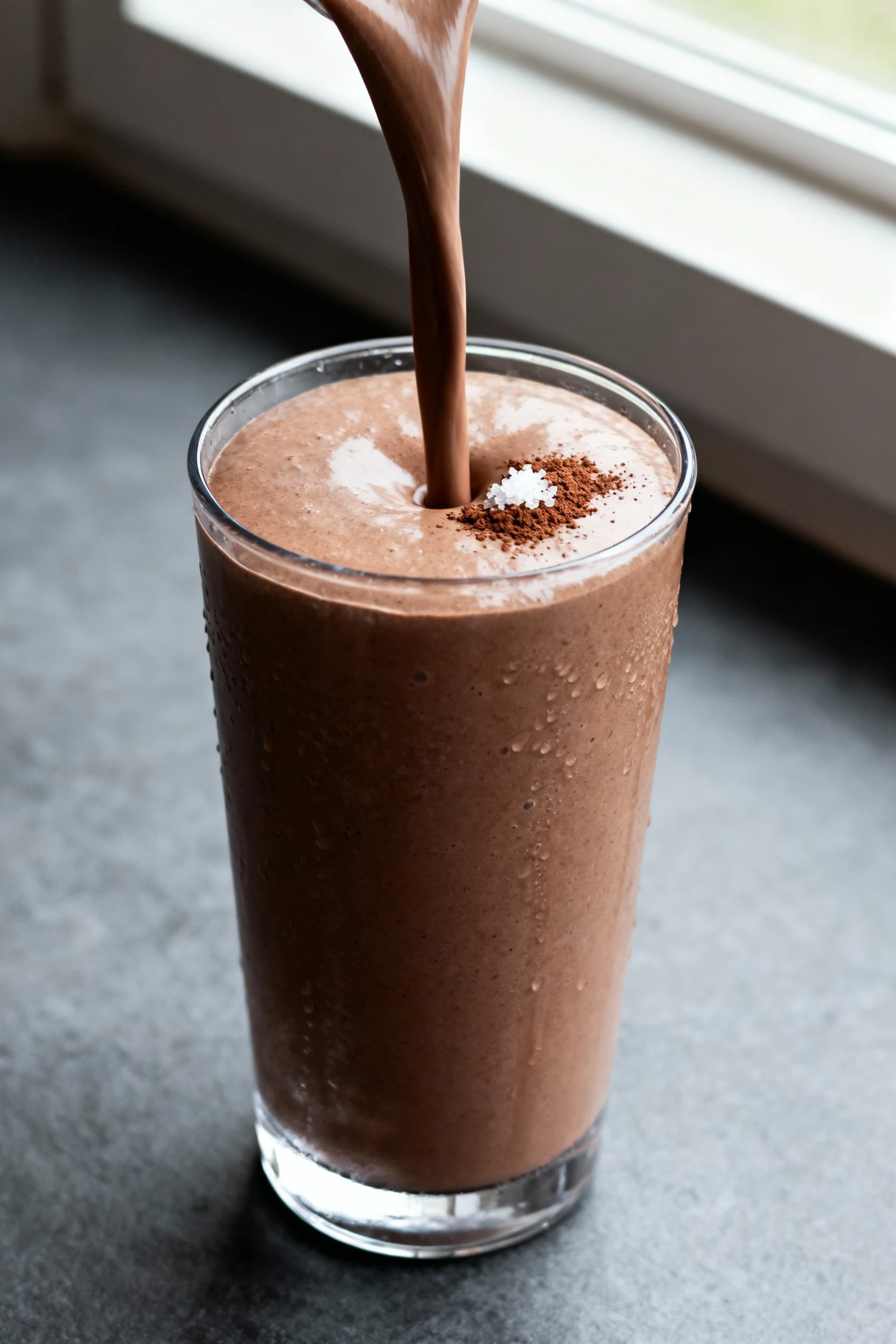Close-up of thick chocolate peanut butter protein smoothie (PB Cup Protein) pouring in a silky ribbon into a chilled cle