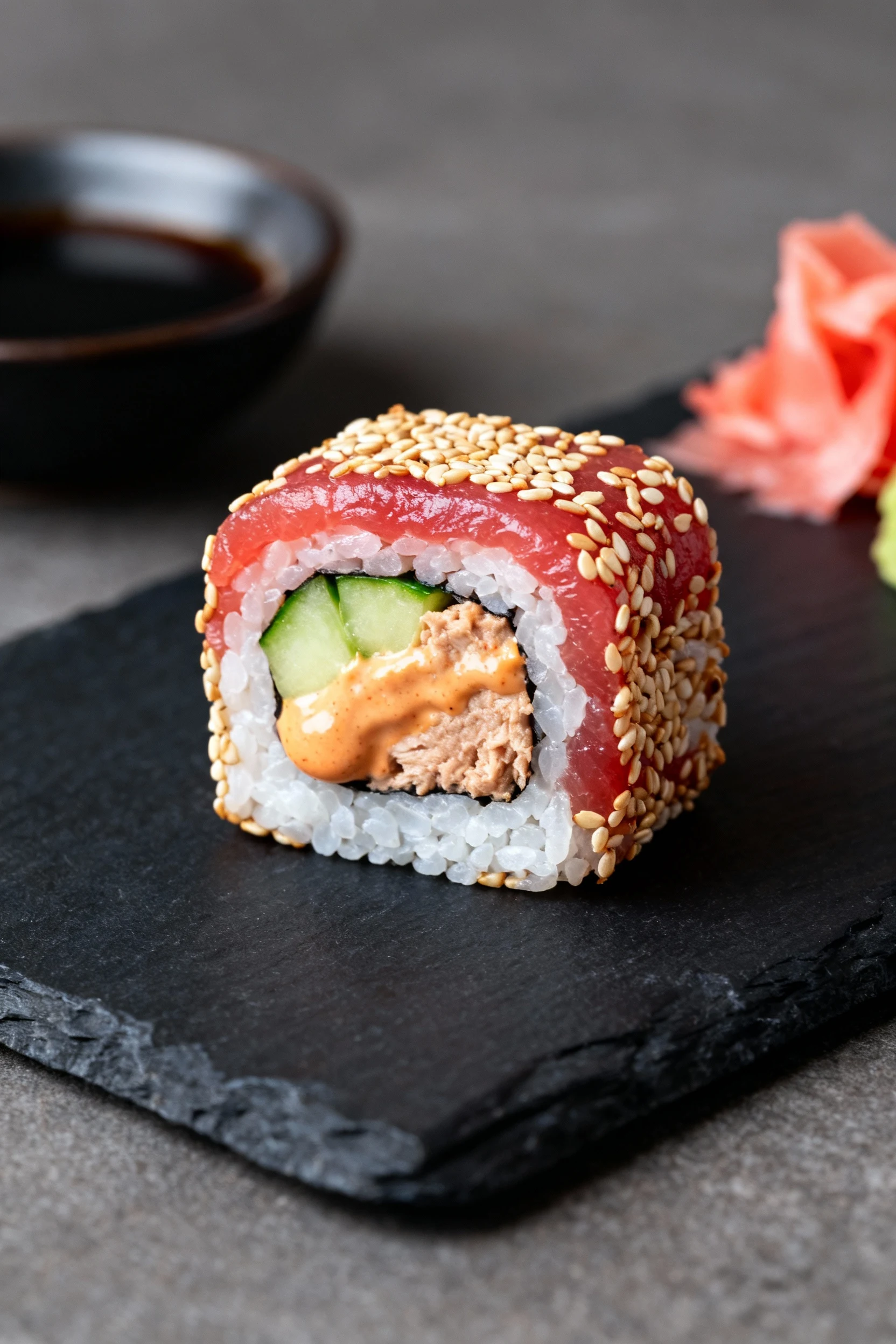 Close-up of inside-out spicy tuna roll: glossy sushi rice coated in toasted sesame seeds, creamy sriracha-mayo tuna cent