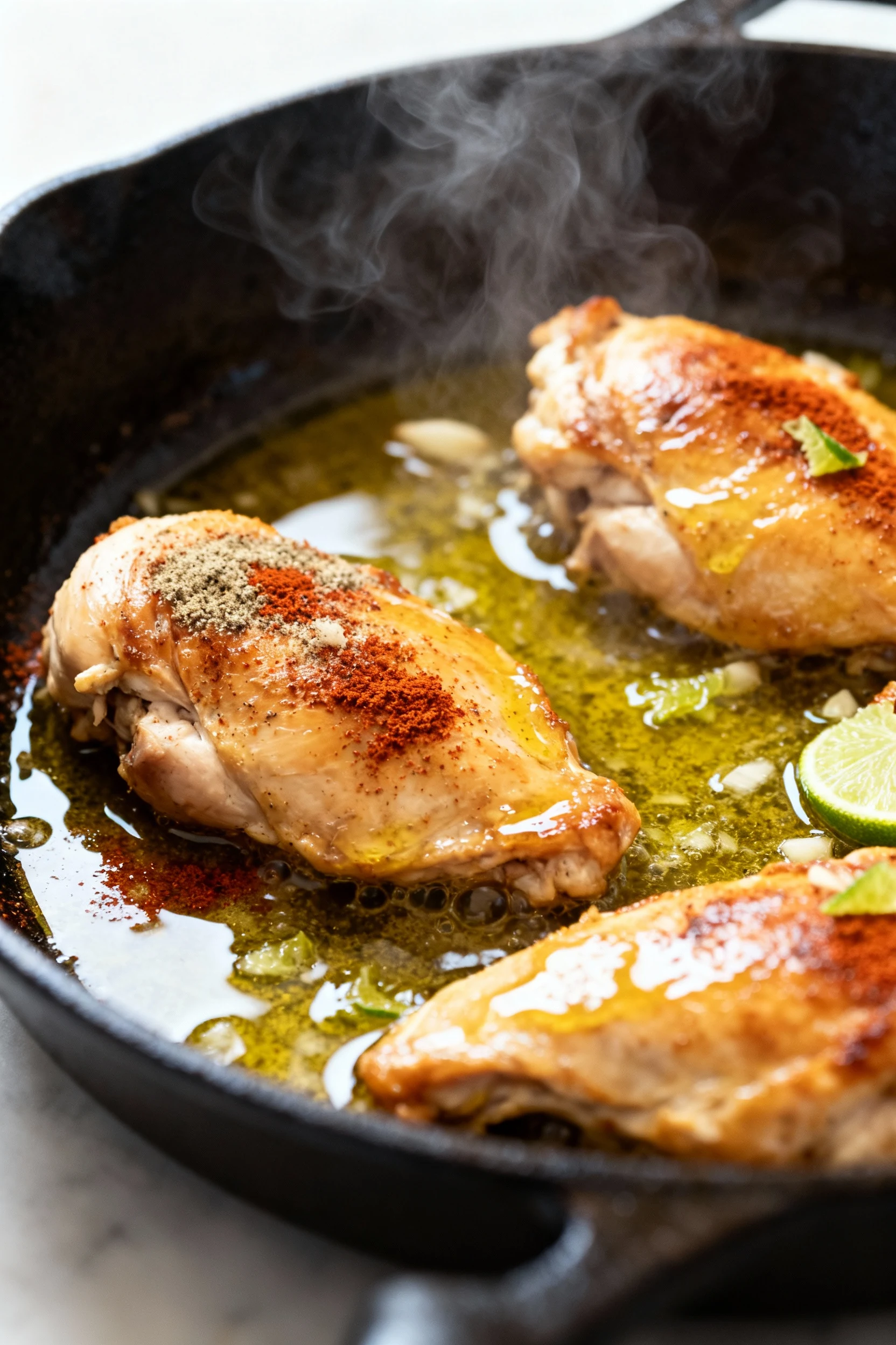 Close-up of revived leftover chicken sizzling in a cast-iron skillet: garlic powder and smoked paprika blooming in olive