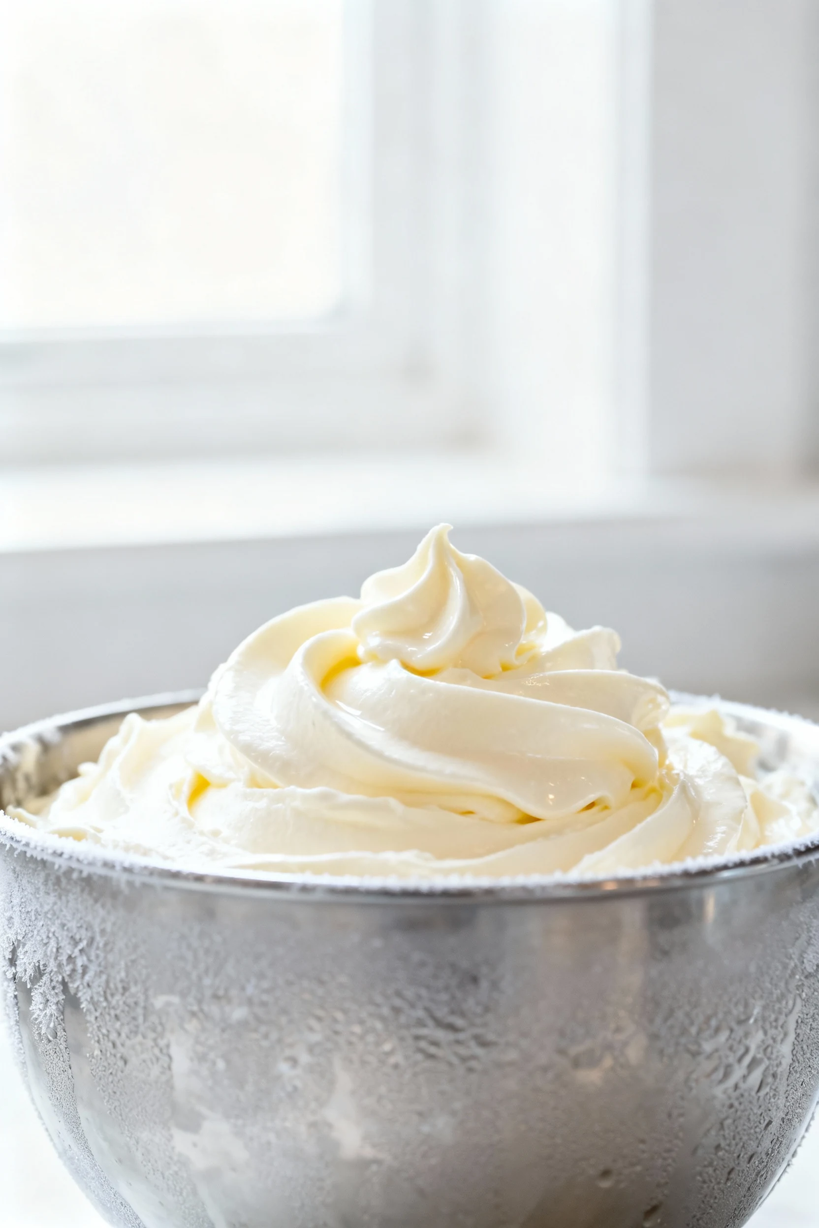 Close-up of medium-peak whipped cream in a frosty stainless steel bowl, glossy mounds with soft ridges from chilled beat