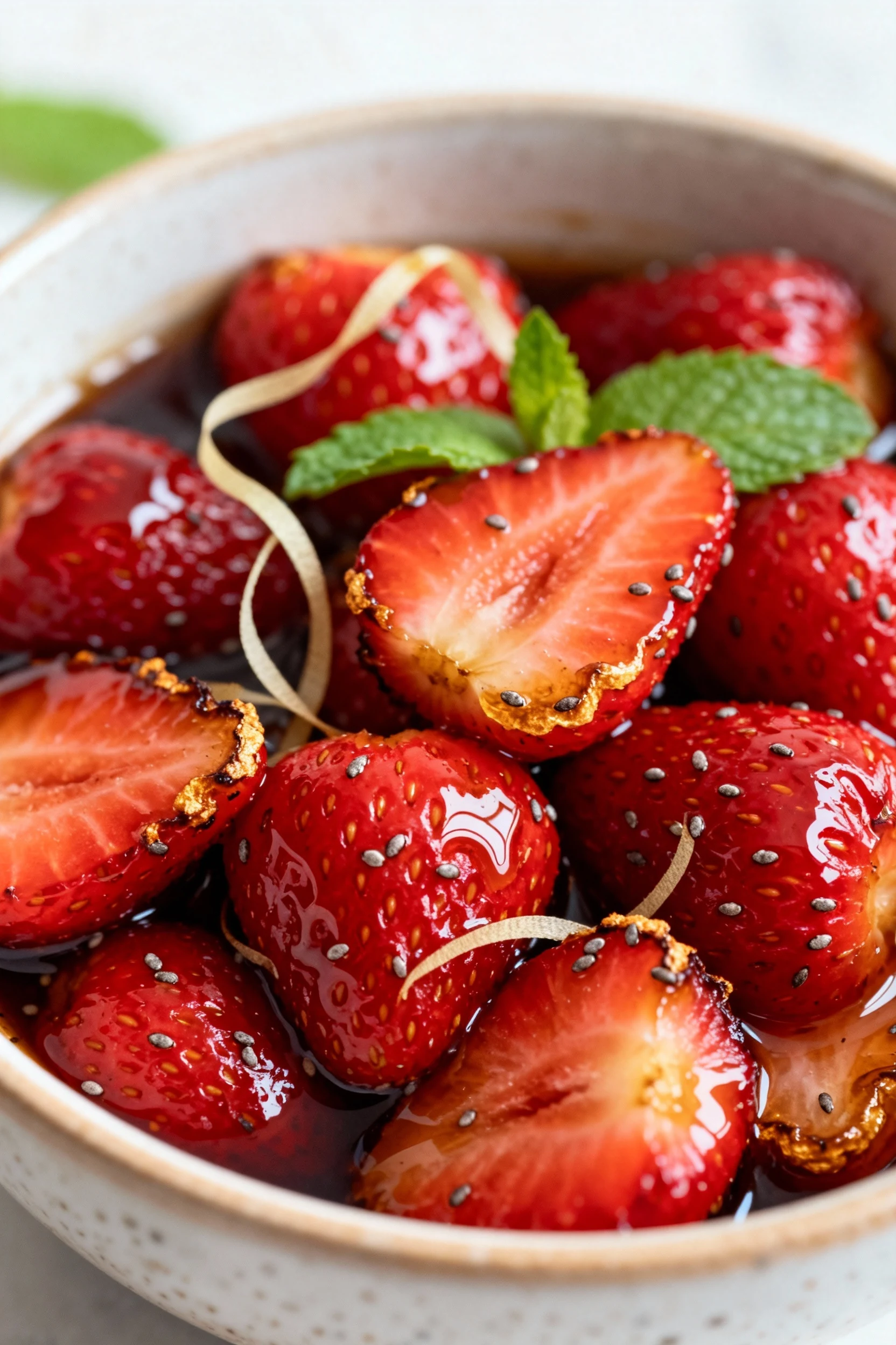 Close-up of jammy roasted strawberries in a heatproof bowl, glossy balsamic-vanilla syrup clinging to fruit, caramelized