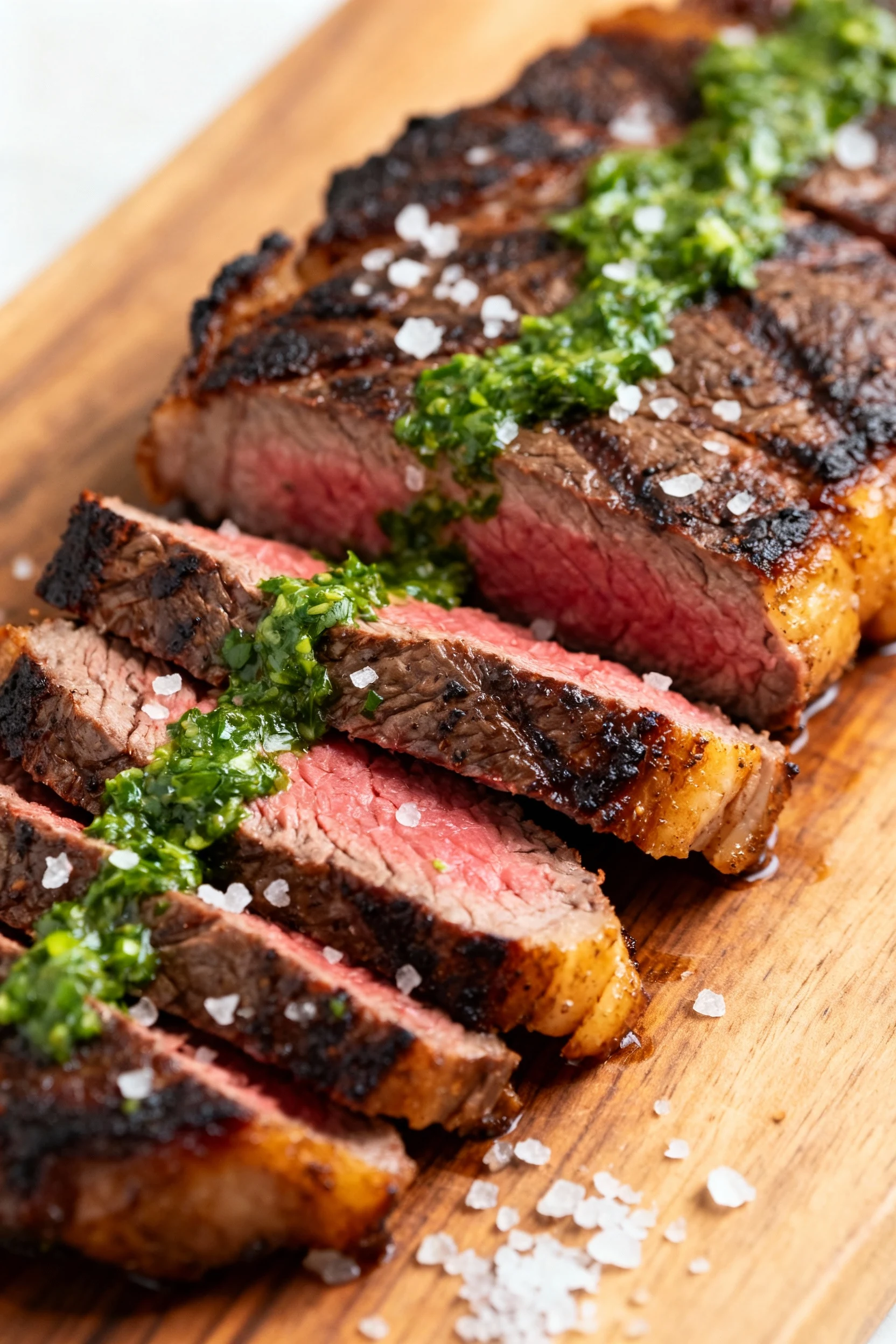 Close-up of sliced medium-rare flank steak with deep seared crust and chimichurri drizzle, coarse salt crystals, rosy in