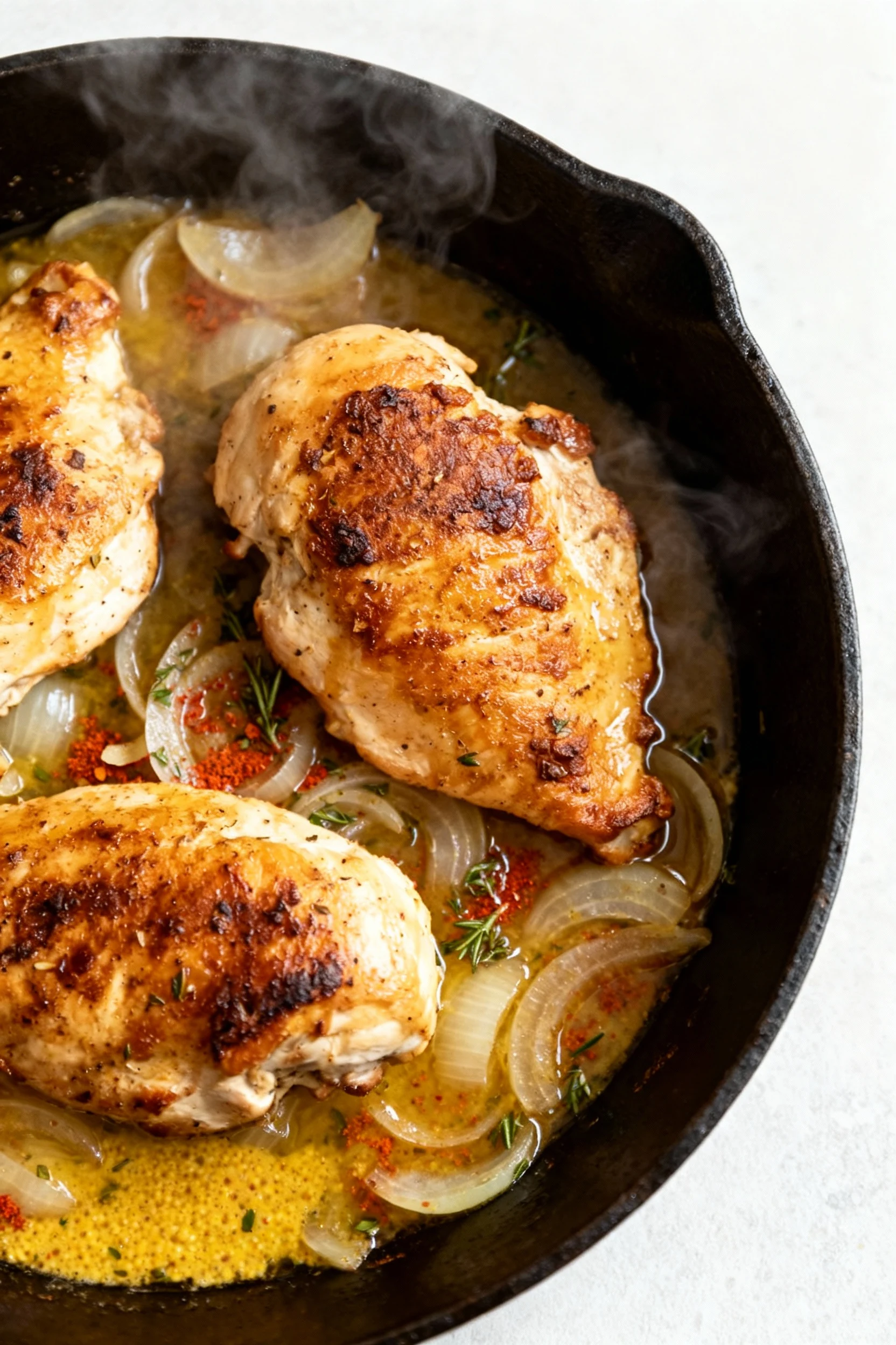 Cooking process, 3/4 close-up: canned chicken searing in cast-iron, deep golden crisp edges and browned bits; onions tra