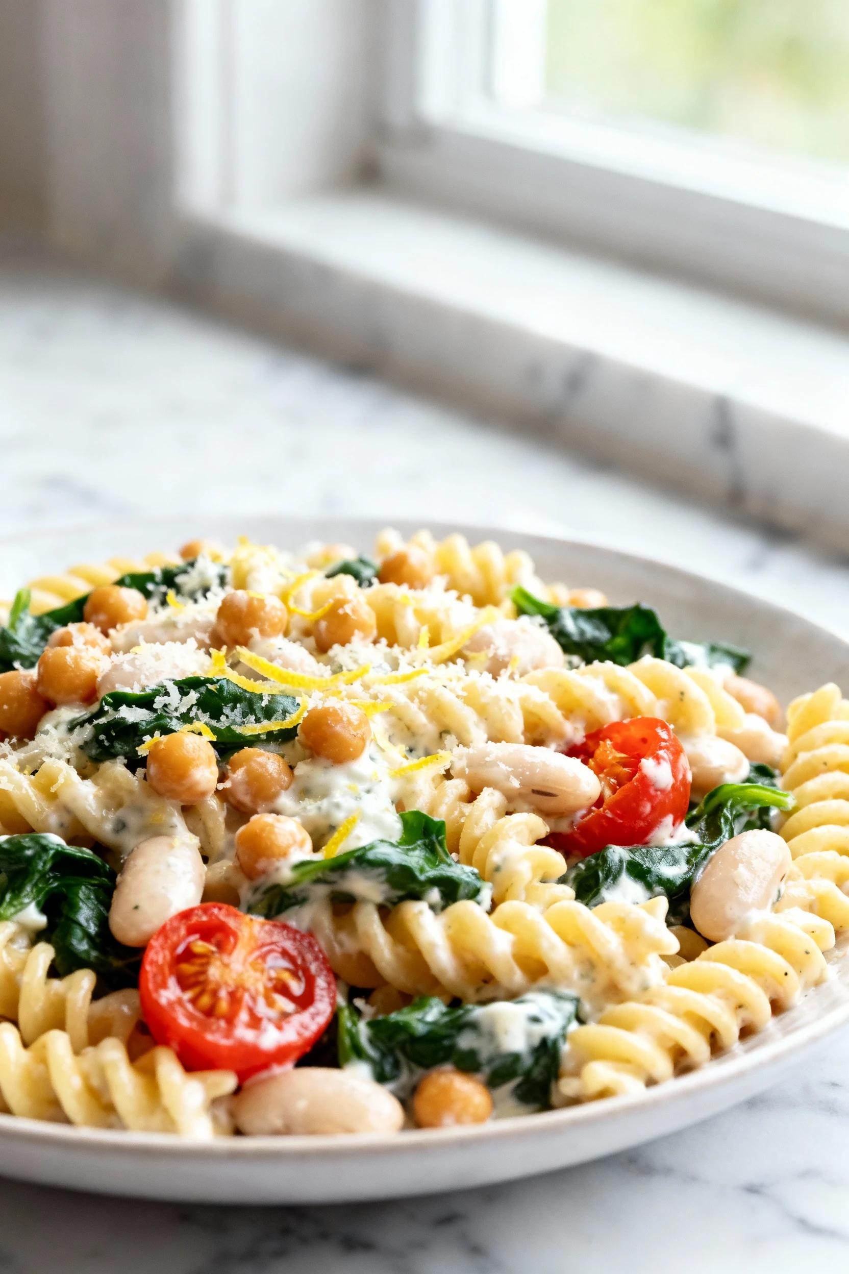 Close-up of chickpea rotini coated in creamy Greek yogurt–parmesan lemon sauce, flecks of lemon zest, wilted spinach, bu
