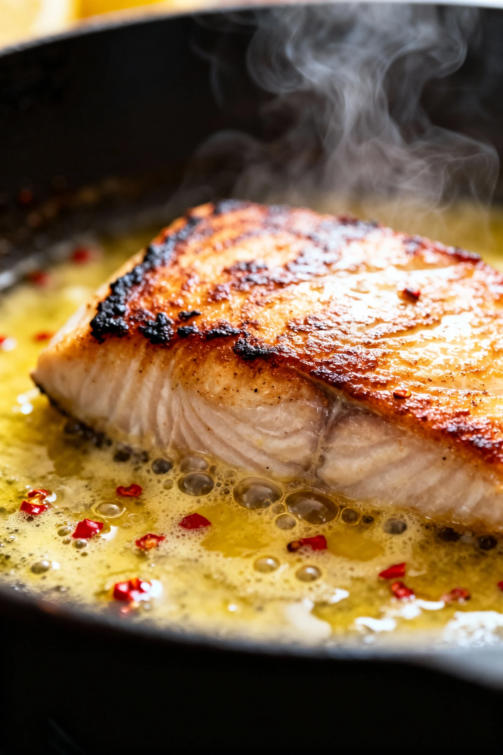 1. Close-up of mahi mahi being butter-basted in a hot skillet: deep golden crust, bubbling butter with lemon juice and r
