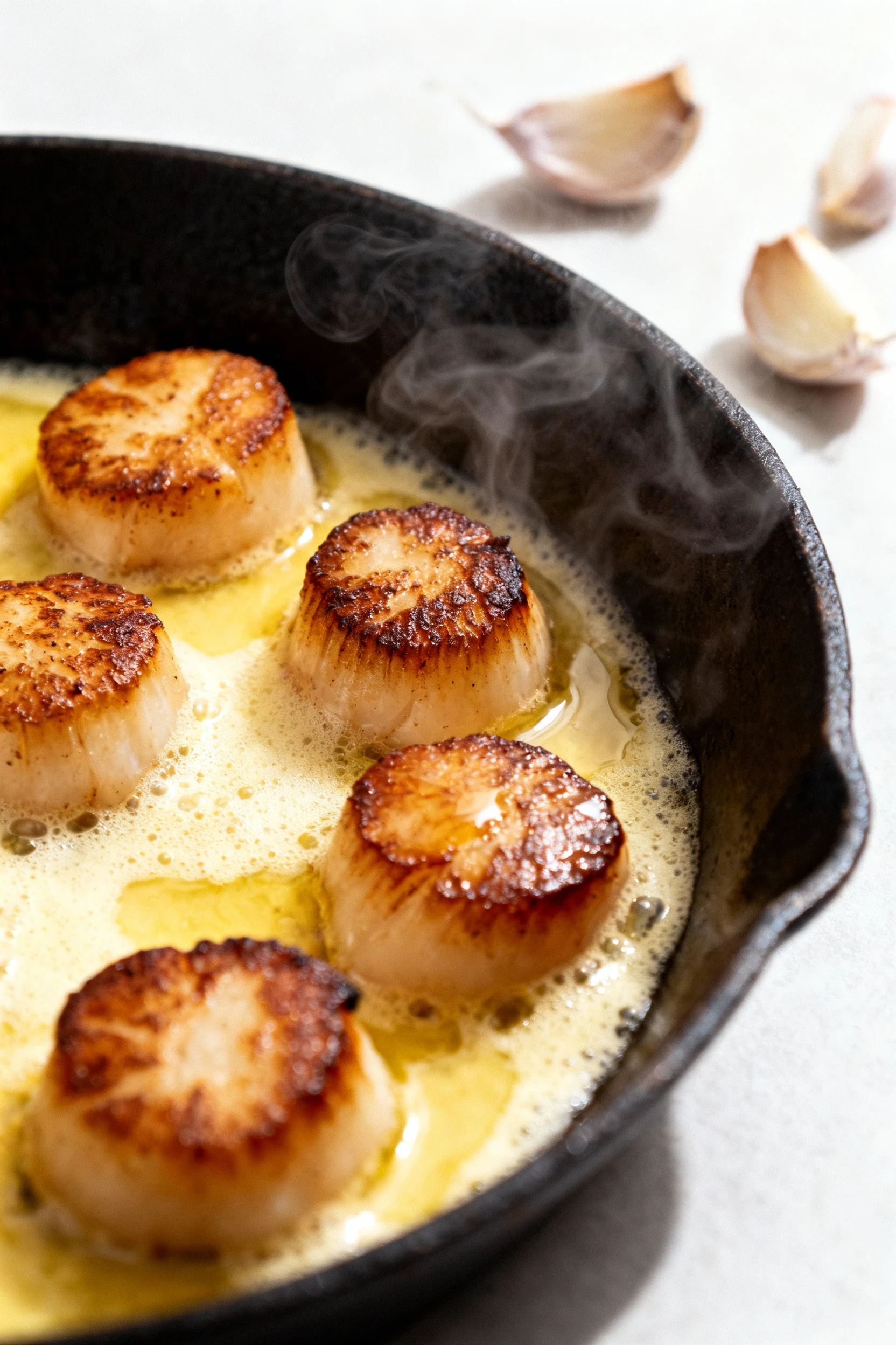 Close-up of seared sea scallops mid butter-baste with smashed garlic in a cast-iron skillet; deep bronze crust, glossy b