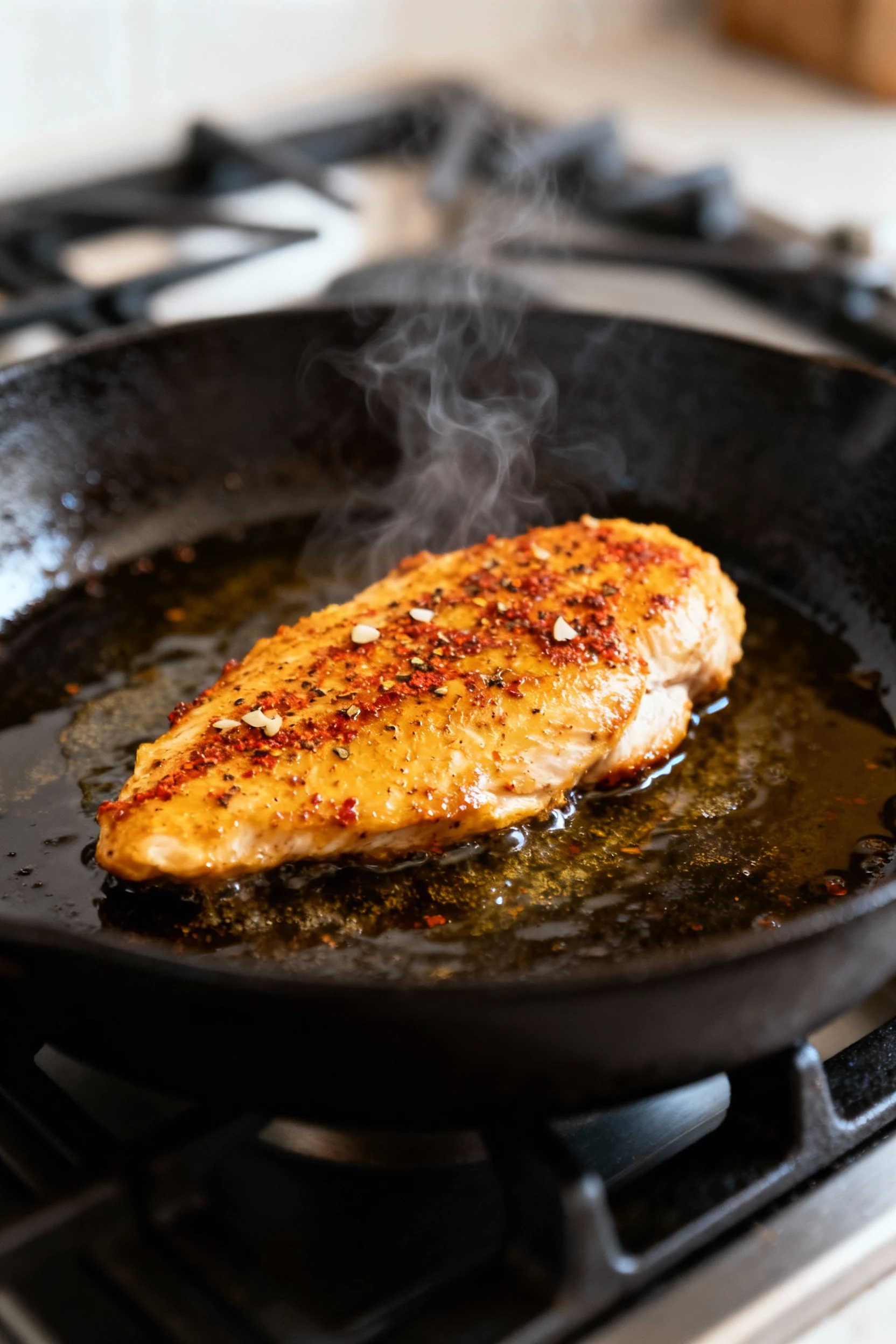 Cast-iron skillet searing golden chicken cutlets (1/2-inch thick) in neutral oil, paprika–garlic pepper crust sizzling, 