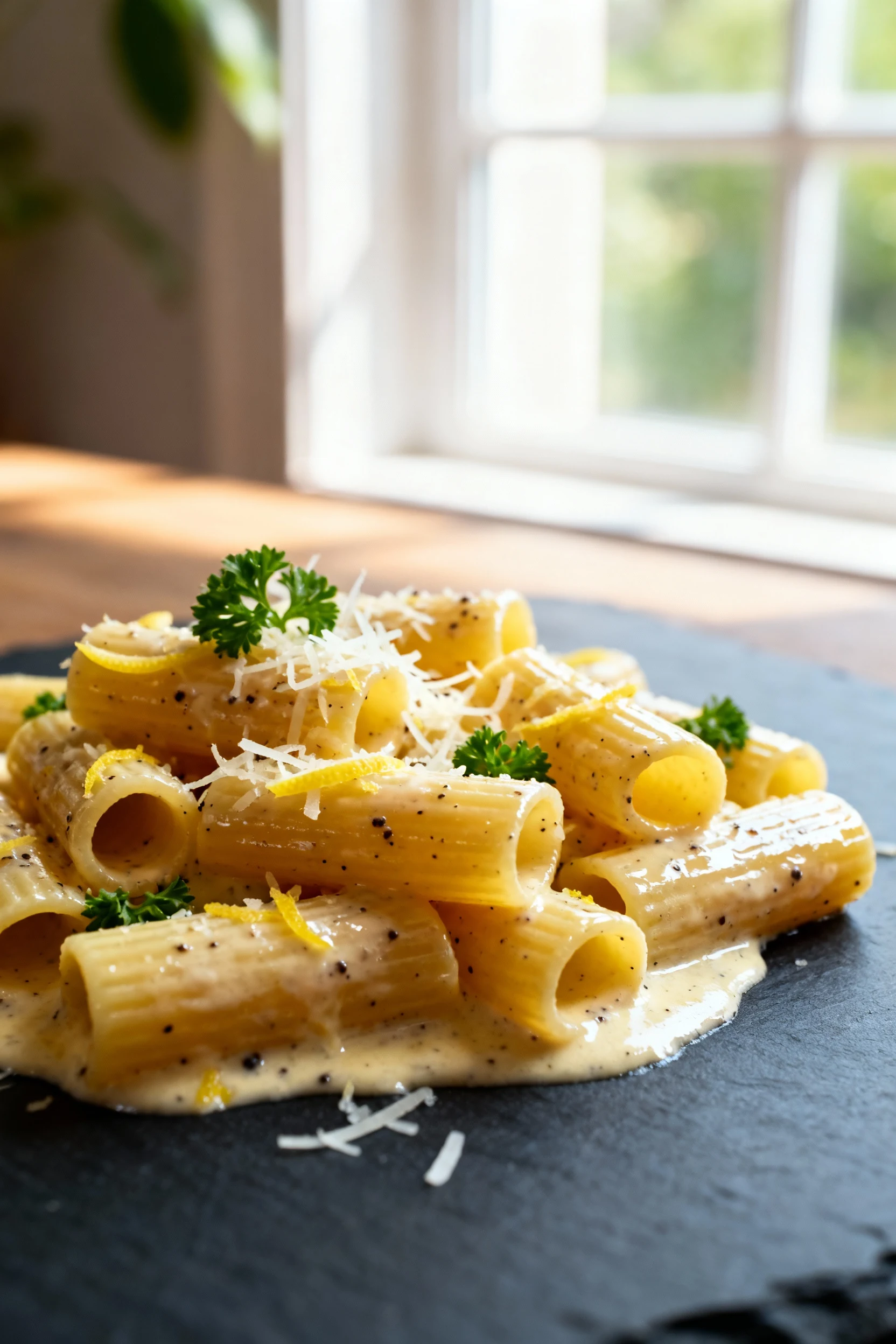1. Close-up of rigatoni coated in a glossy cream-Parmesan emulsion, flecked with lemon zest and cracked black pepper, mi