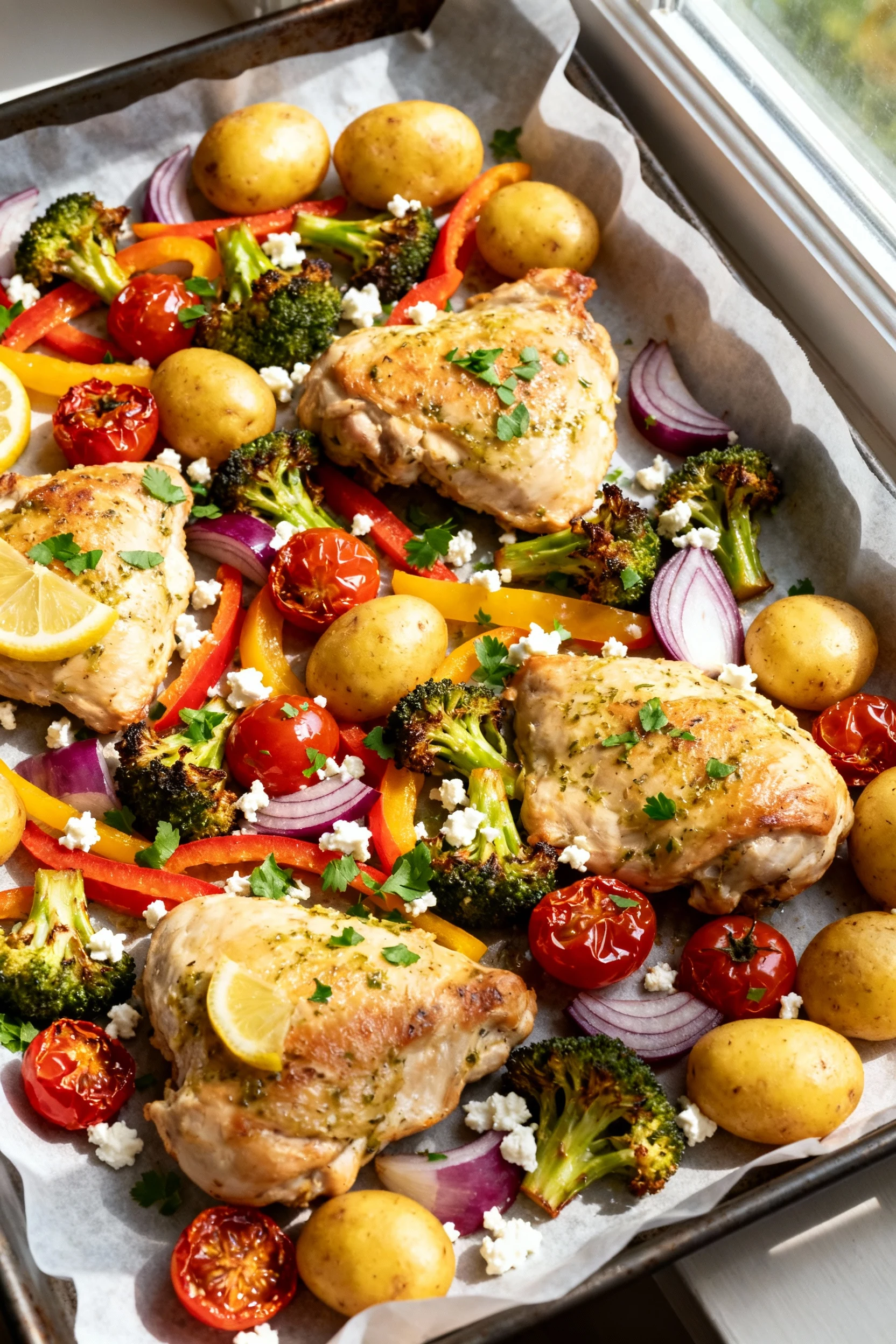 Overhead shot of a parchment-lined sheet pan of lemon-garlic chicken thighs with caramelized broccoli, tri-color bell pe