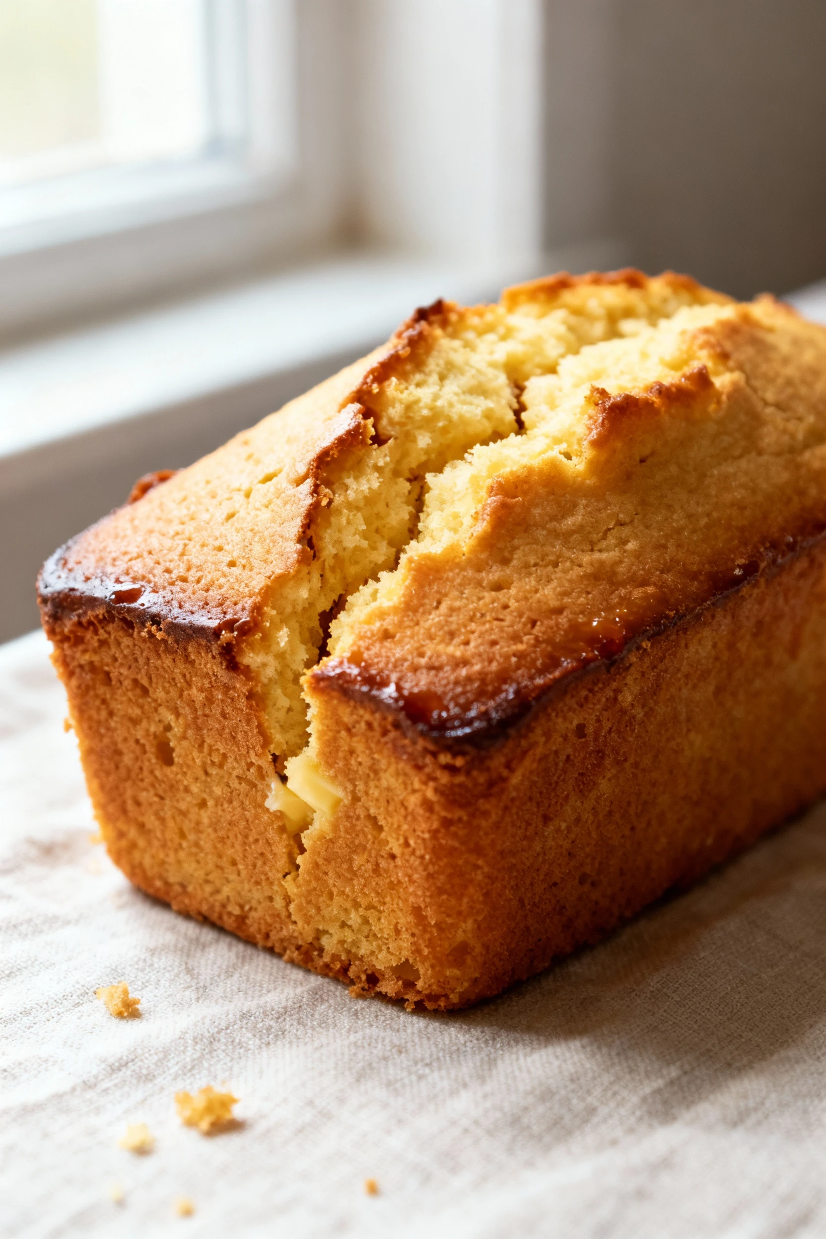 Close-up of a golden loaf pound cake’s crackly center split, caramelized edges and fine buttery crumb peeking through; s