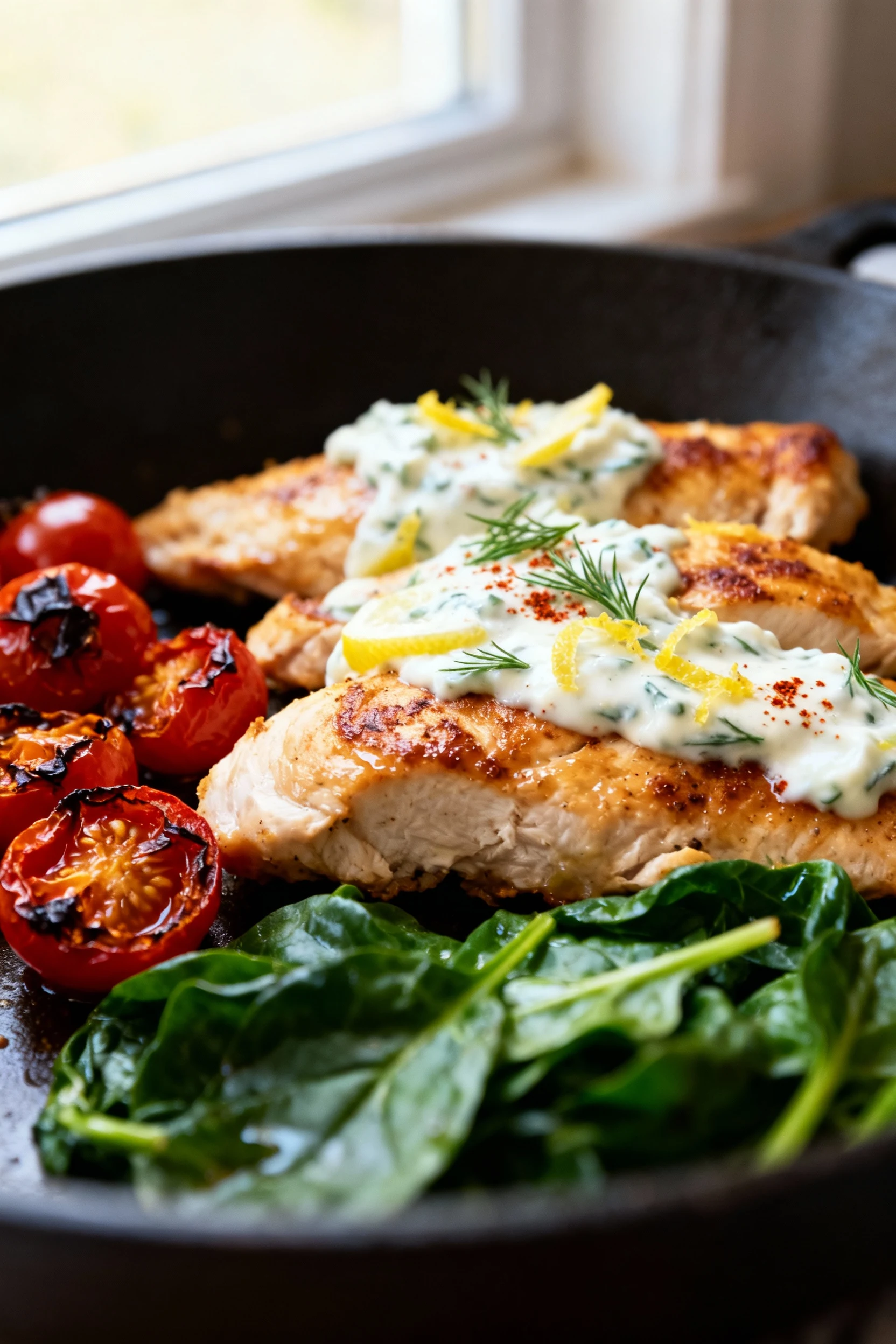 1. Close-up of seared chicken strips glazed in creamy lemon-herb Greek yogurt sauce, golden edges, flecks of lemon zest/