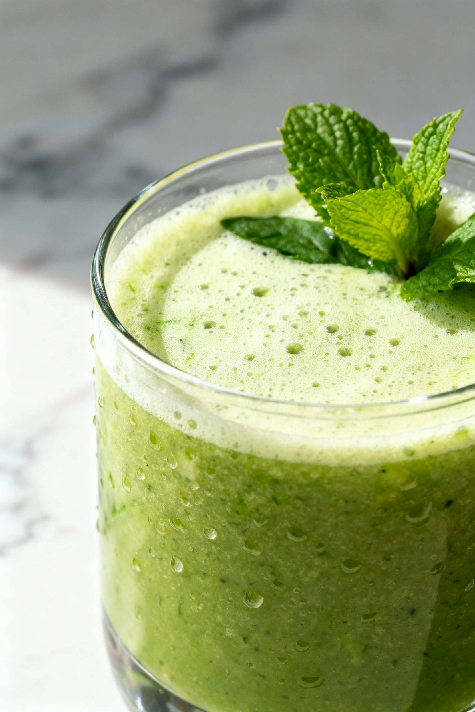 Close-up of chilled Green Lightning (cucumber, celery, apple, spinach) with mint sprig and delicate microfoam, beads of 