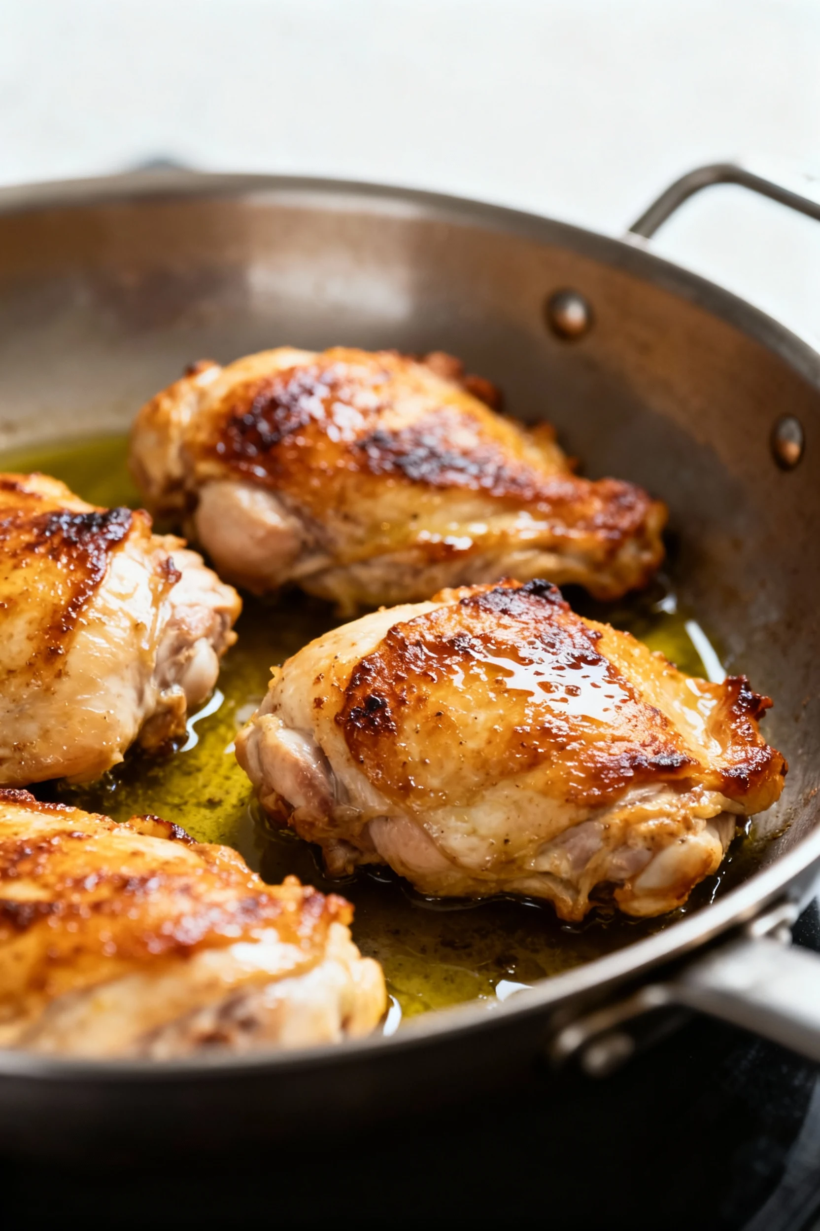 Close-up of golden-seared chicken thighs in a large skillet, crisped edges and caramelized fond, glistening with olive o