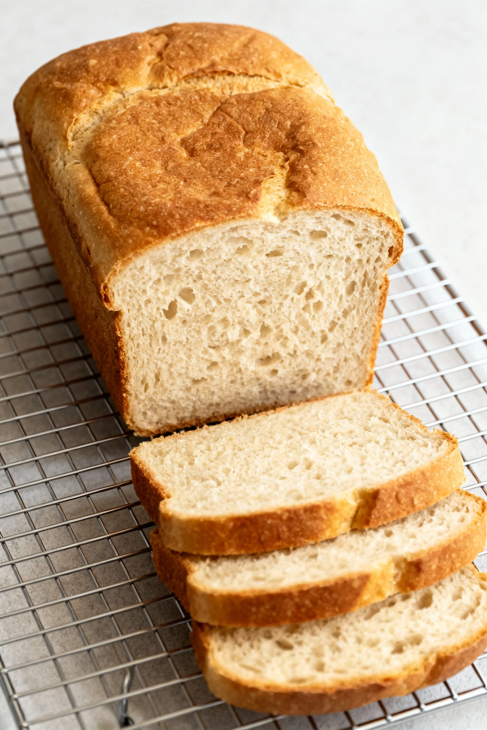 Overhead shot of the base bread-machine loaf cooled and sliced on a wire rack, even golden-brown crust and consistent ai