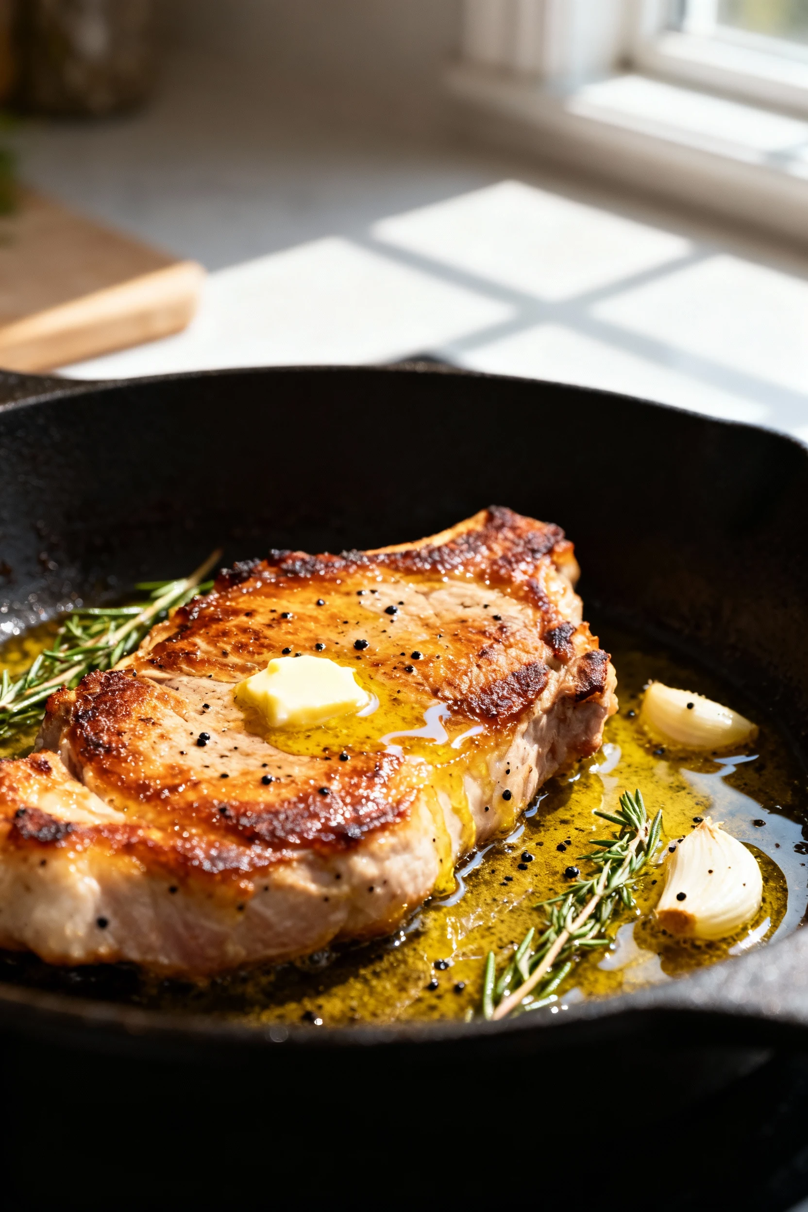 Close-up of skillet-seared boneless pork chop, deep golden crust from butter baste, thyme sprigs and smashed garlic glis