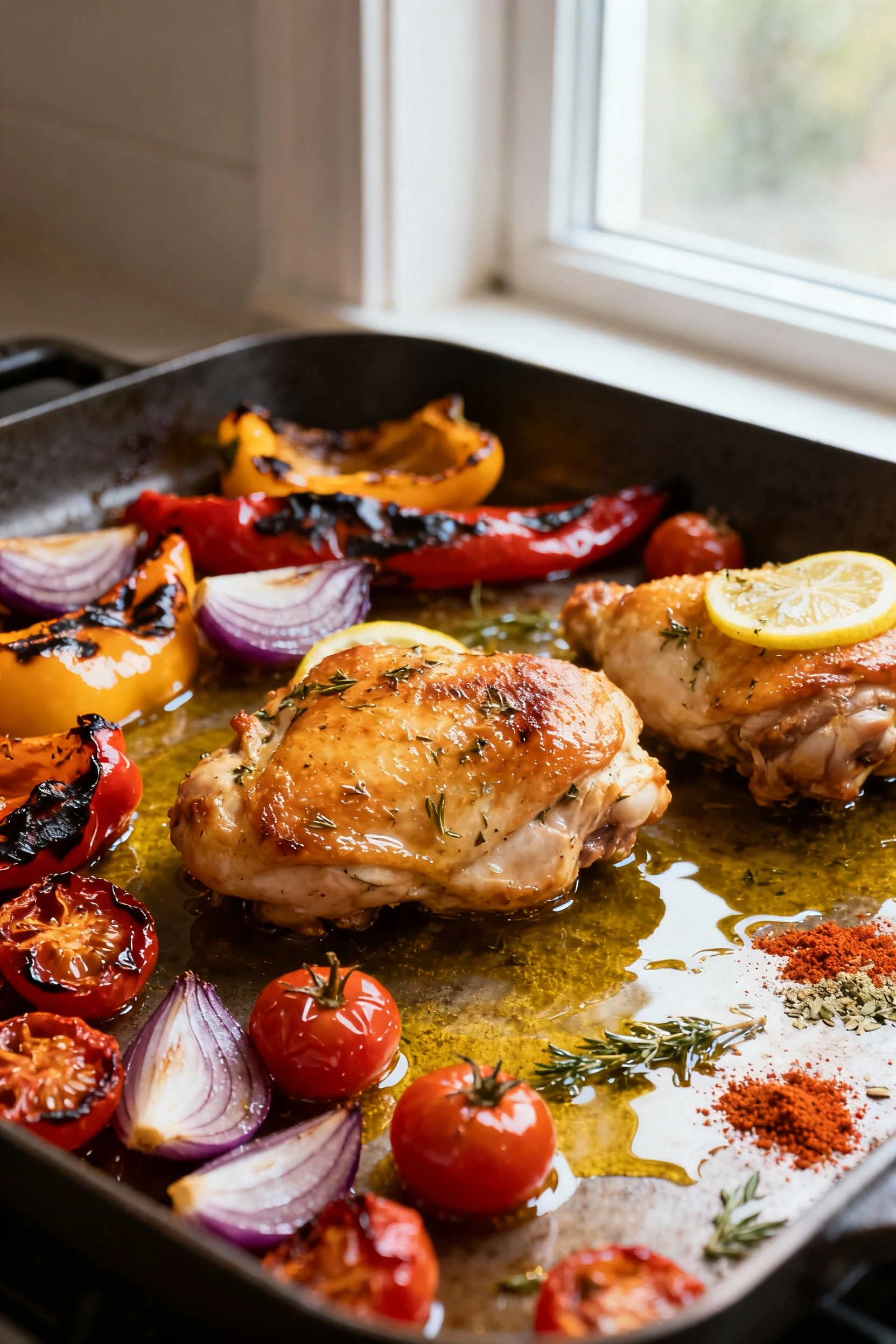 Close-up of golden-brown lemon-herb chicken thighs on a hot sheet pan, glistening with olive oil; charred bell peppers, 