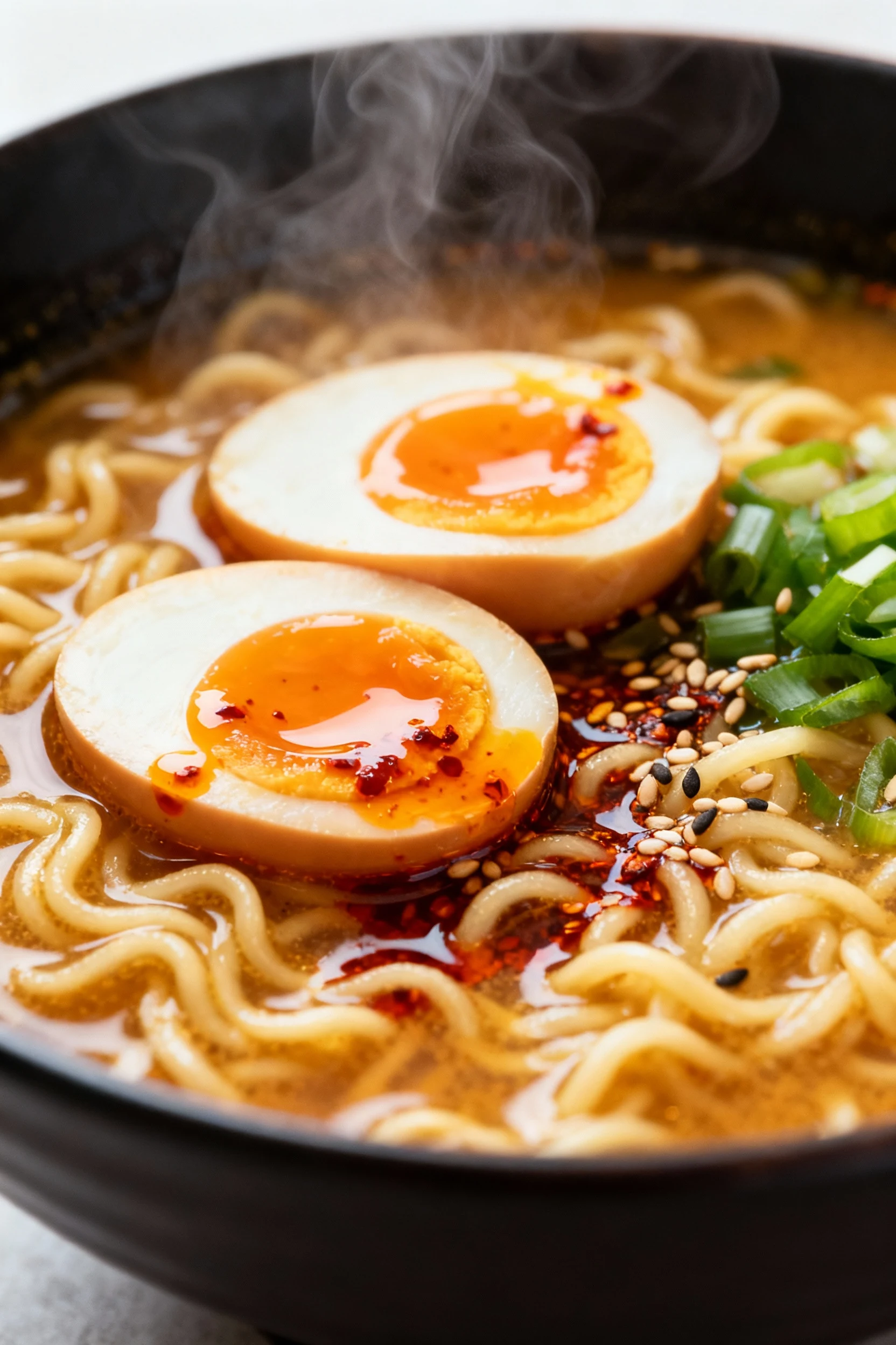 Close-up of jammy egg halves nestled on springy ramen noodles in hot miso-soy broth, glossy yolks, chili oil drizzle, se