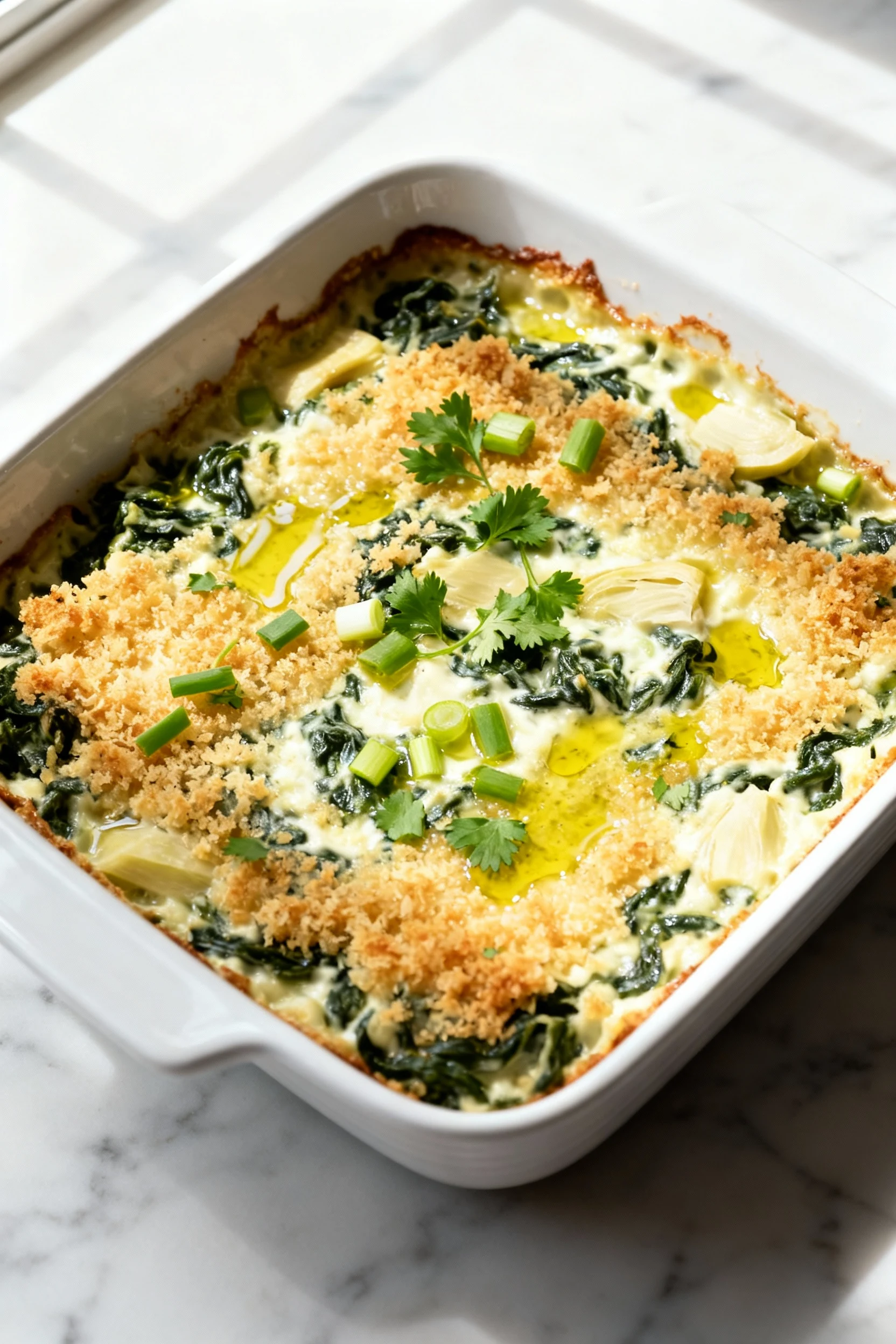 Overhead shot of baked spinach–artichoke dip in a white 8x8 ceramic dish, bubbly edges, lightly golden panko crust, oliv