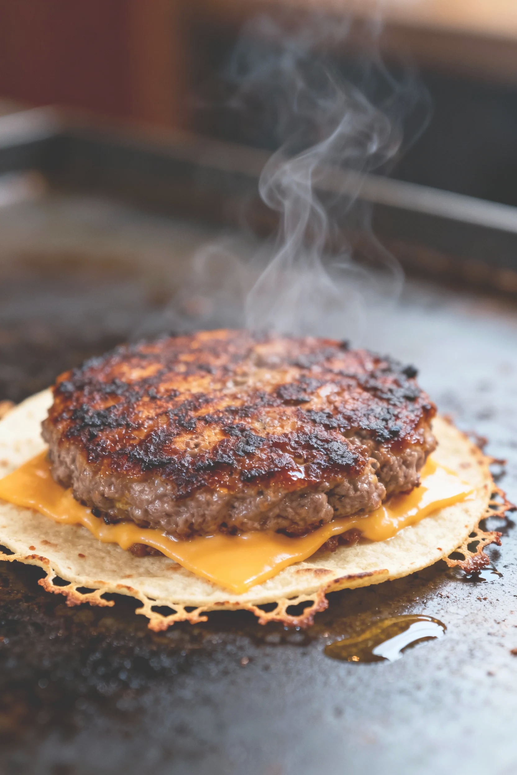 Close-up on the Blackstone: smash burger taco mid-sear with deep mahogany Maillard crust and lacy edges reaching the tor