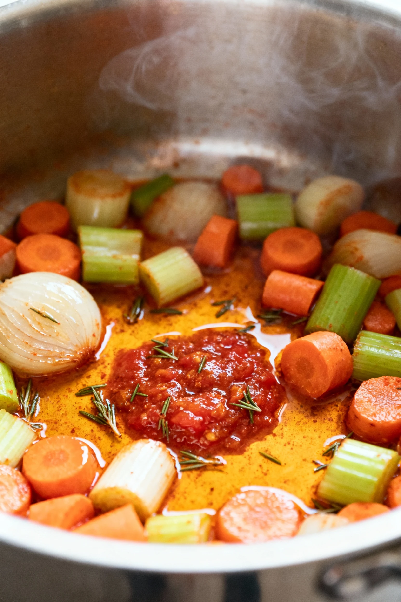 Close-up of sautéed aromatics in the pot—glossy onion, carrot, and celery coated in paprika-tinted oil with thyme flecks