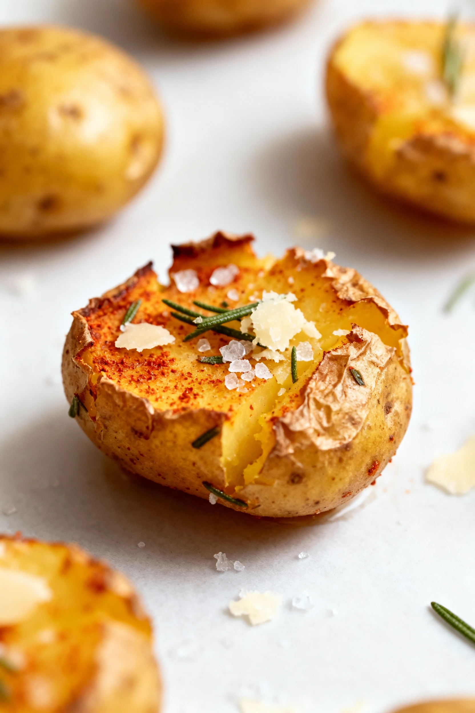 Close-up of a smash-roast baby gold potato showing deep golden, craggy edges, paprika sheen, rosemary specks, flaky salt