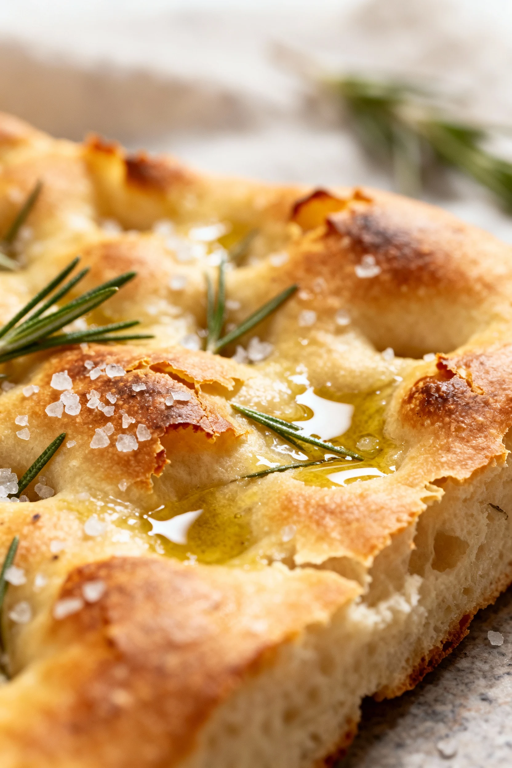 1. Close-up of blistered, golden-brown focaccia crust with shatter-crisp edges, glossy olive oil sheen, sparkling flaky 