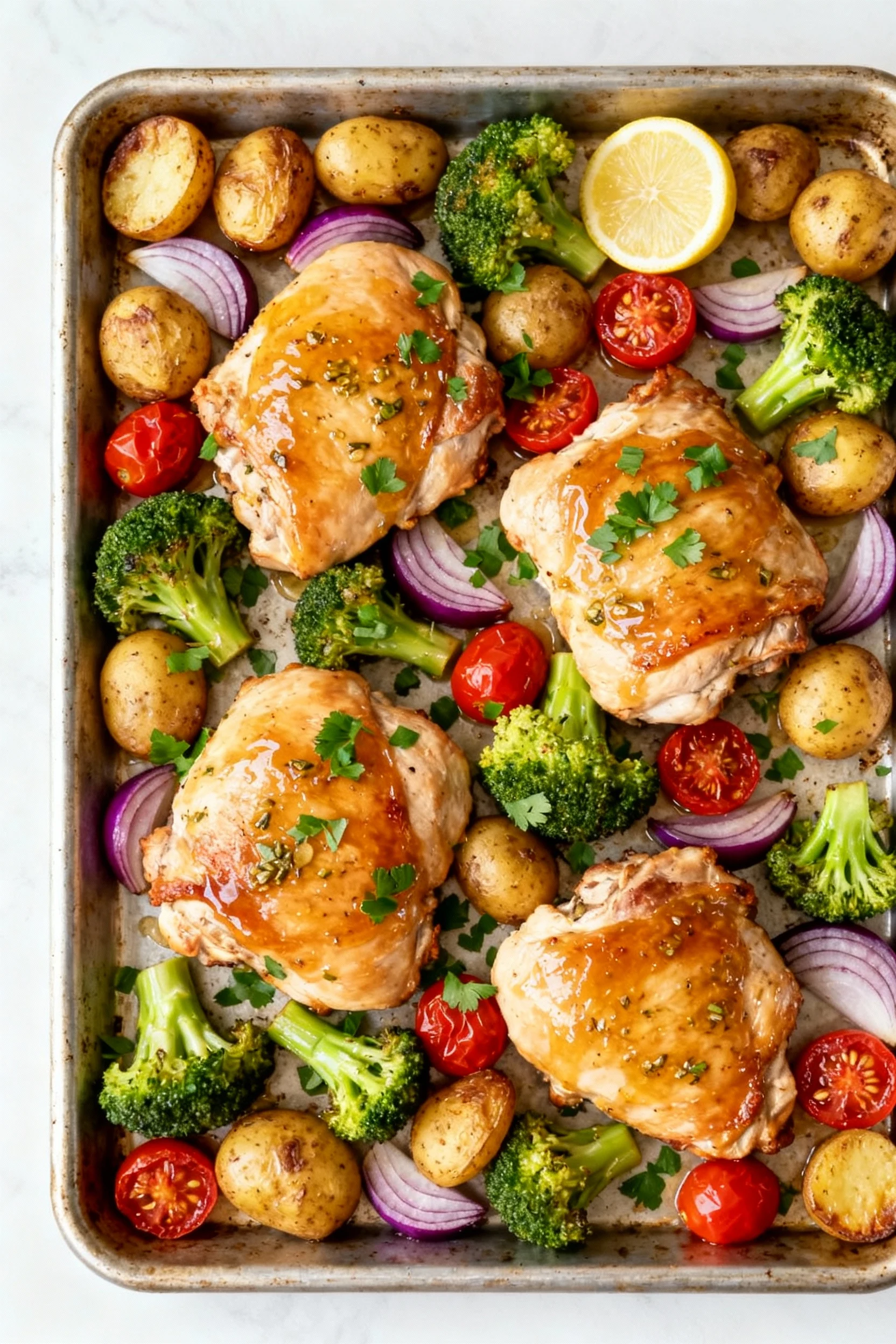 Overhead shot of a just-roasted sheet pan: boneless, skinless chicken thighs glazed with lemon-garlic-honey, nestled wit