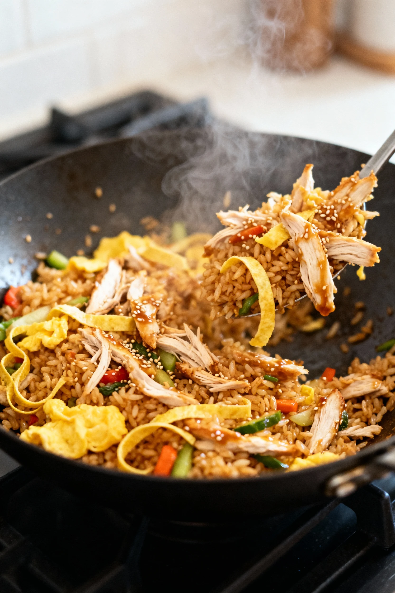 Cooking process: Chicken fried rice being stir-fried in a hot wok—day-old rice crisping with shredded rotisserie chicken