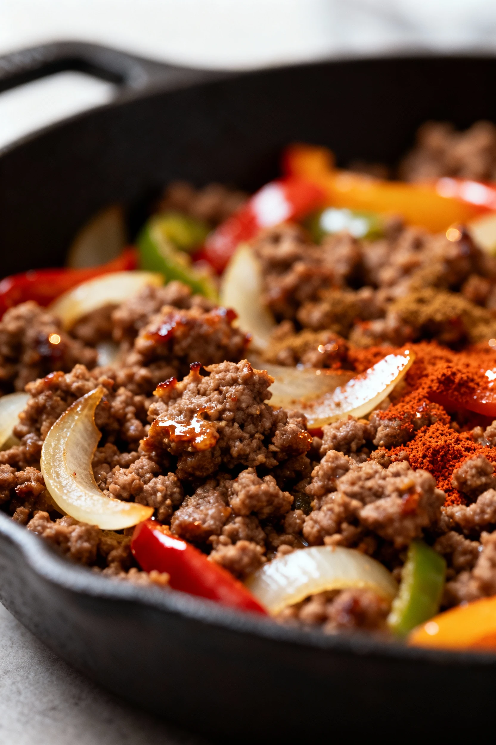 Macro close-up of browned ground beef crumbles with crisp edges, softened onions and bell peppers, chili–cumin–smoked pa