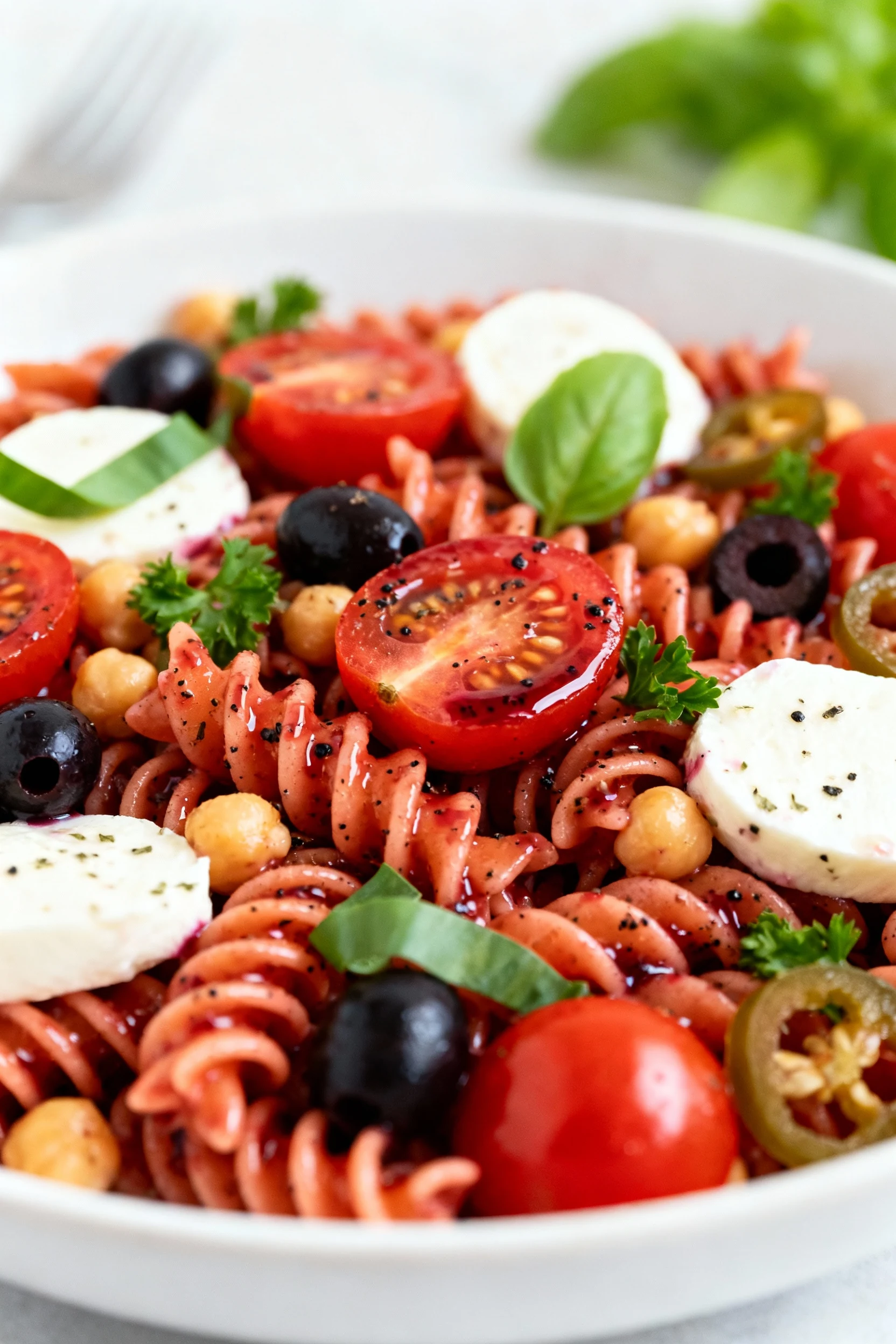 1. Close-up of ridged rotini coated in glossy red wine vinaigrette with flecks of oregano and black pepper, studded with