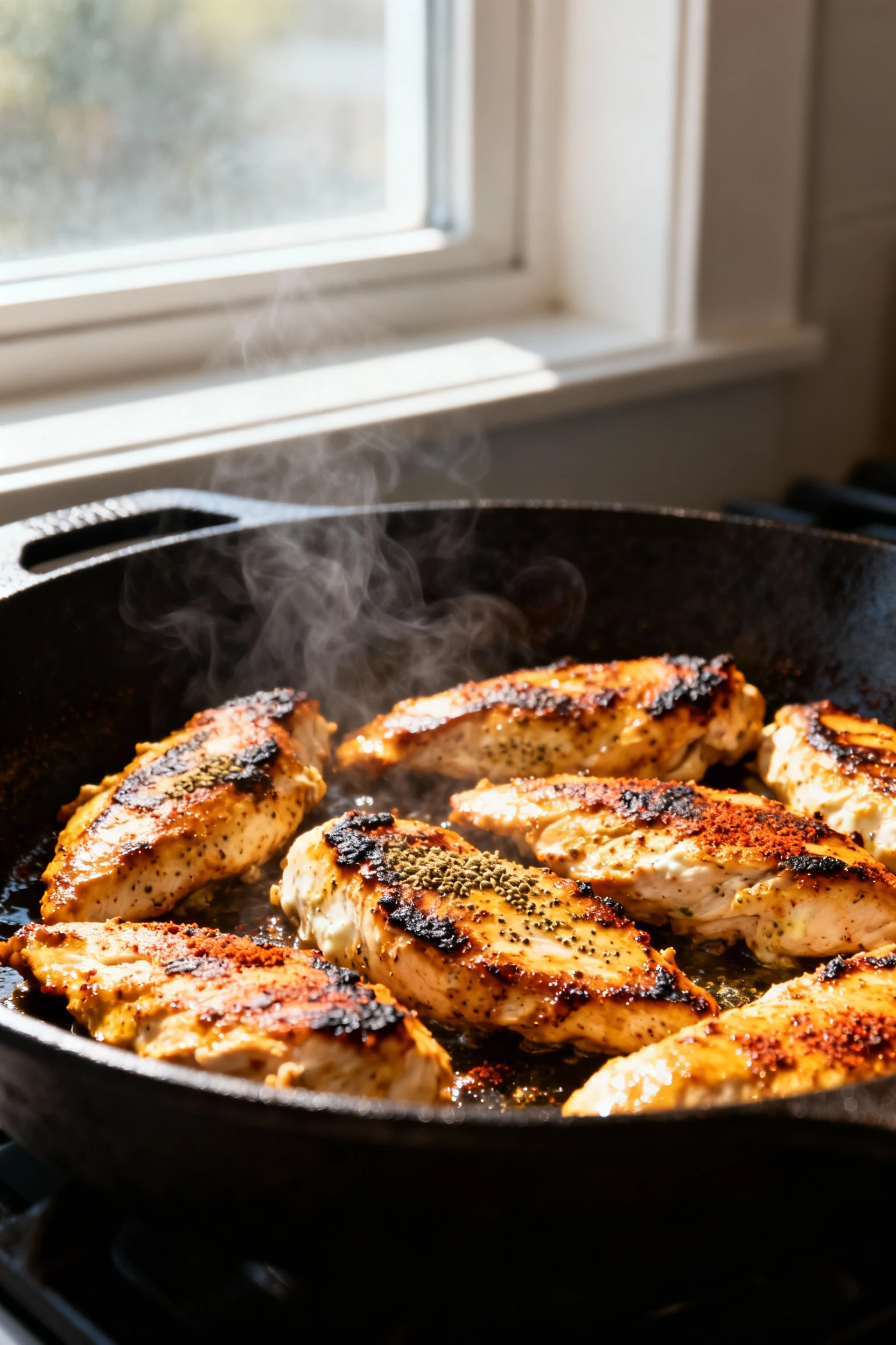 Close-up of chipotle-lime Greek yogurt–marinated chicken strips sizzling in a cast-iron skillet, deep golden sear with c