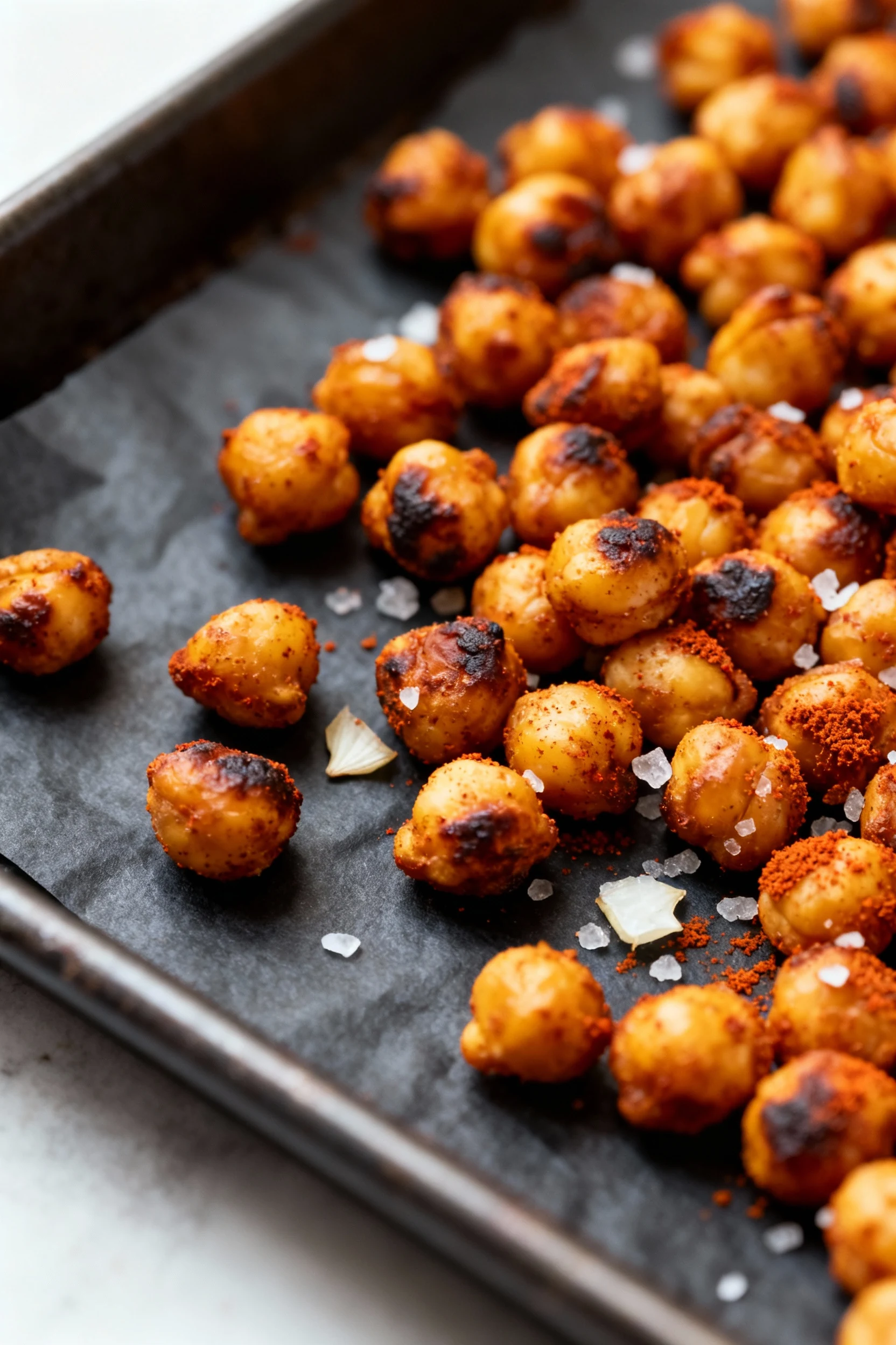 1. Close-up of crunchy roasted chickpeas, deep golden and blistered, dusted with smoked paprika, garlic and sea salt, on
