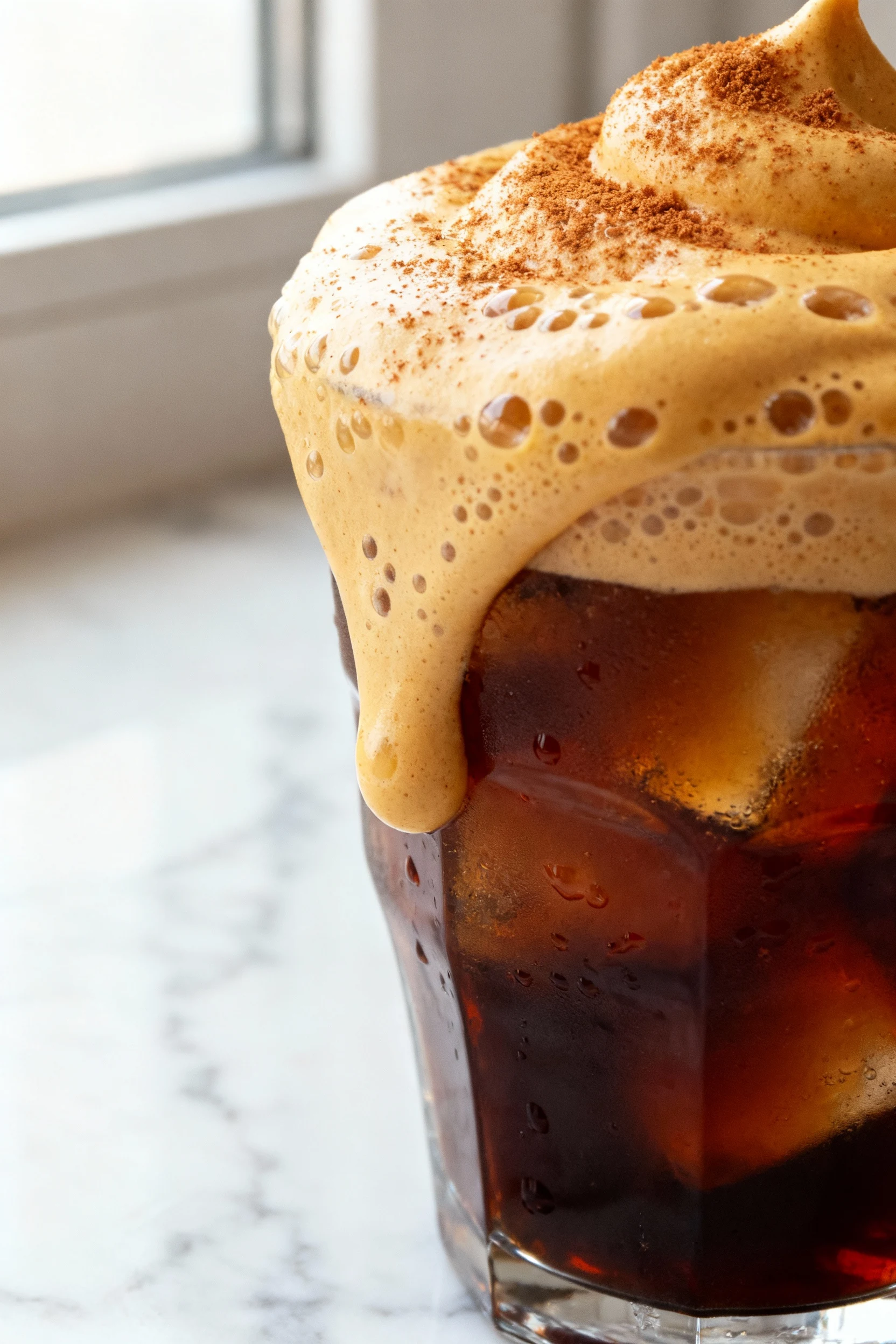 Close-up detail: pumpkin cream cold foam cascading over iced cold brew concentrate, velvety fine-bubble texture, dusting