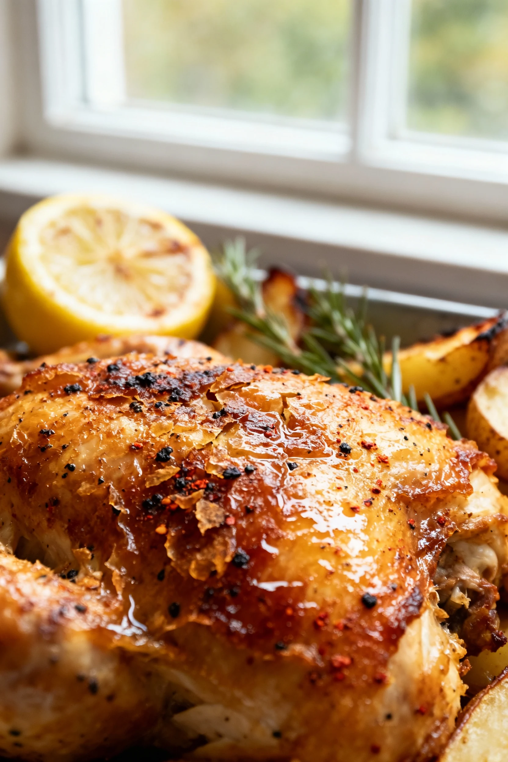 Close-up detail of shatteringly crisp chicken skin, golden-mahogany with black pepper and smoked paprika flecks, rendere