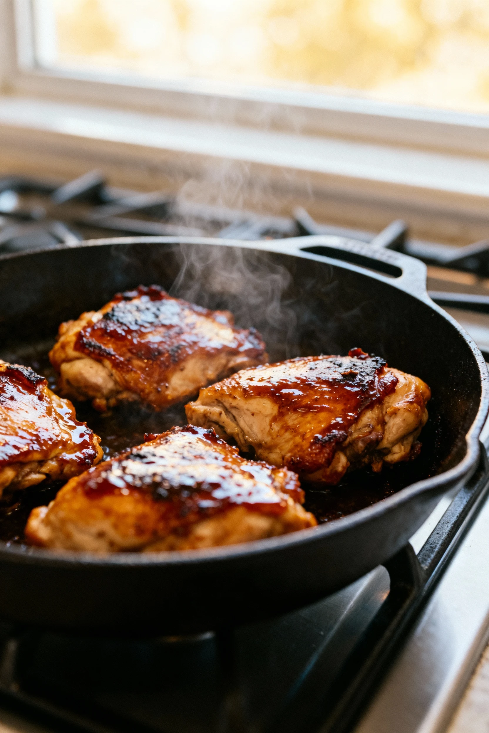 Chipotle-adobo chicken thighs sizzling in cast-iron, caramelized edges and glossy glaze, shallow depth of field, wisps o