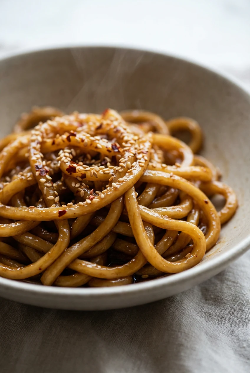 Close-up detail of glossy stir-fried udon noodles coated in savory soy-chili sauce, speckled with sesame seeds and fleck