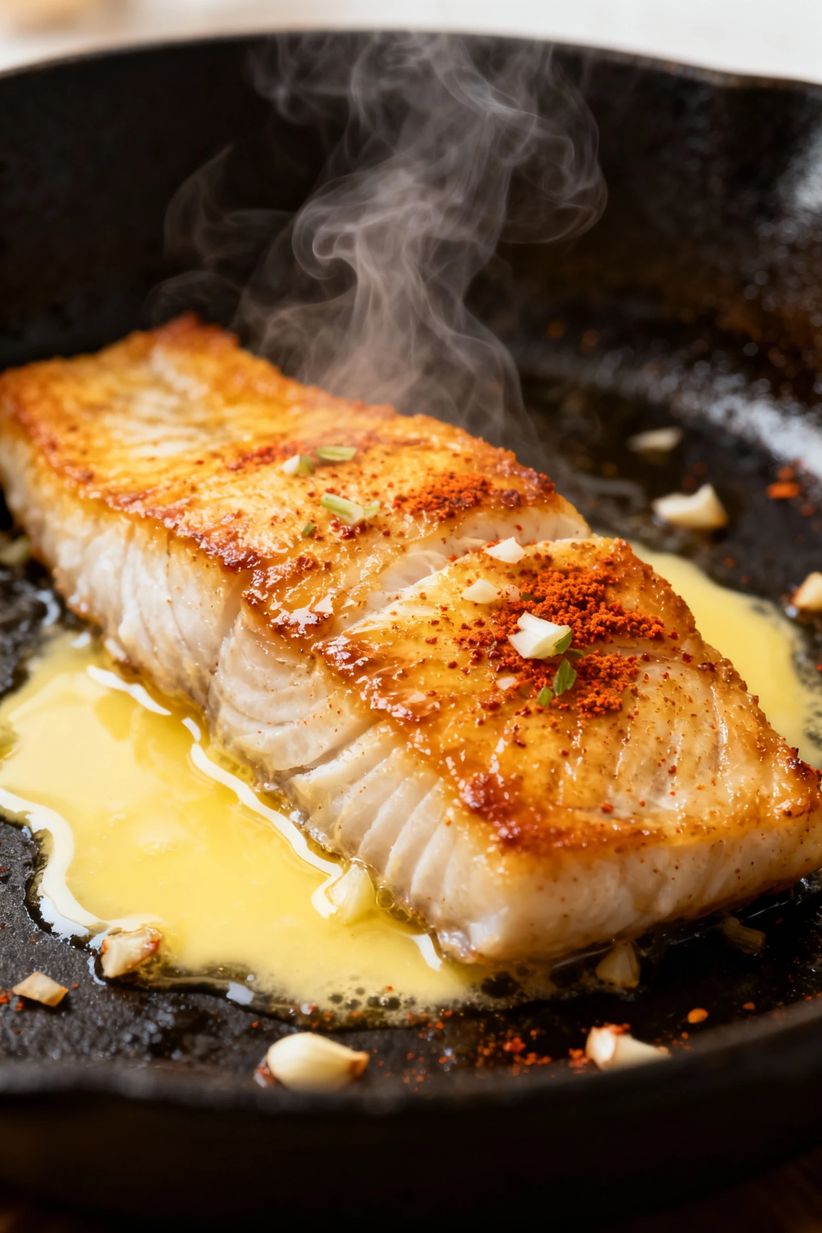 Close-up of golden-seared cod fillet in a skillet, glistening with melted butter and speckled with paprika and minced ga